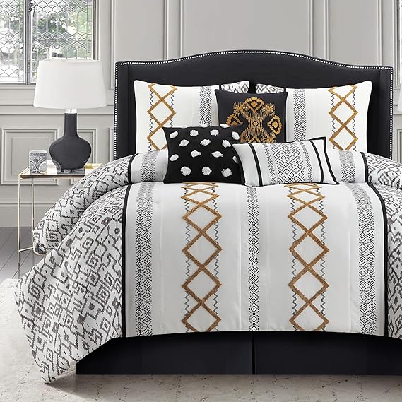 Blue Queen Comforter Set 7-Piece Geometric Embroidered Bedding
