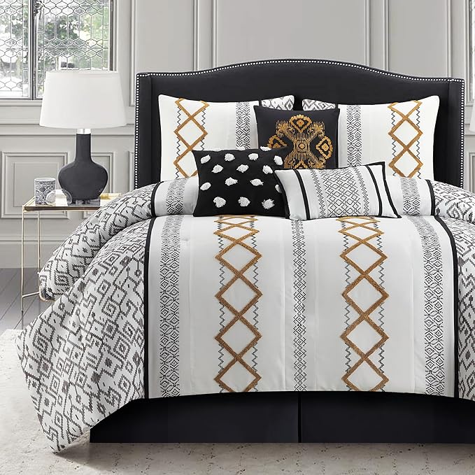 King Comforter Set 7 Pieces White Red Geometric Embroidered