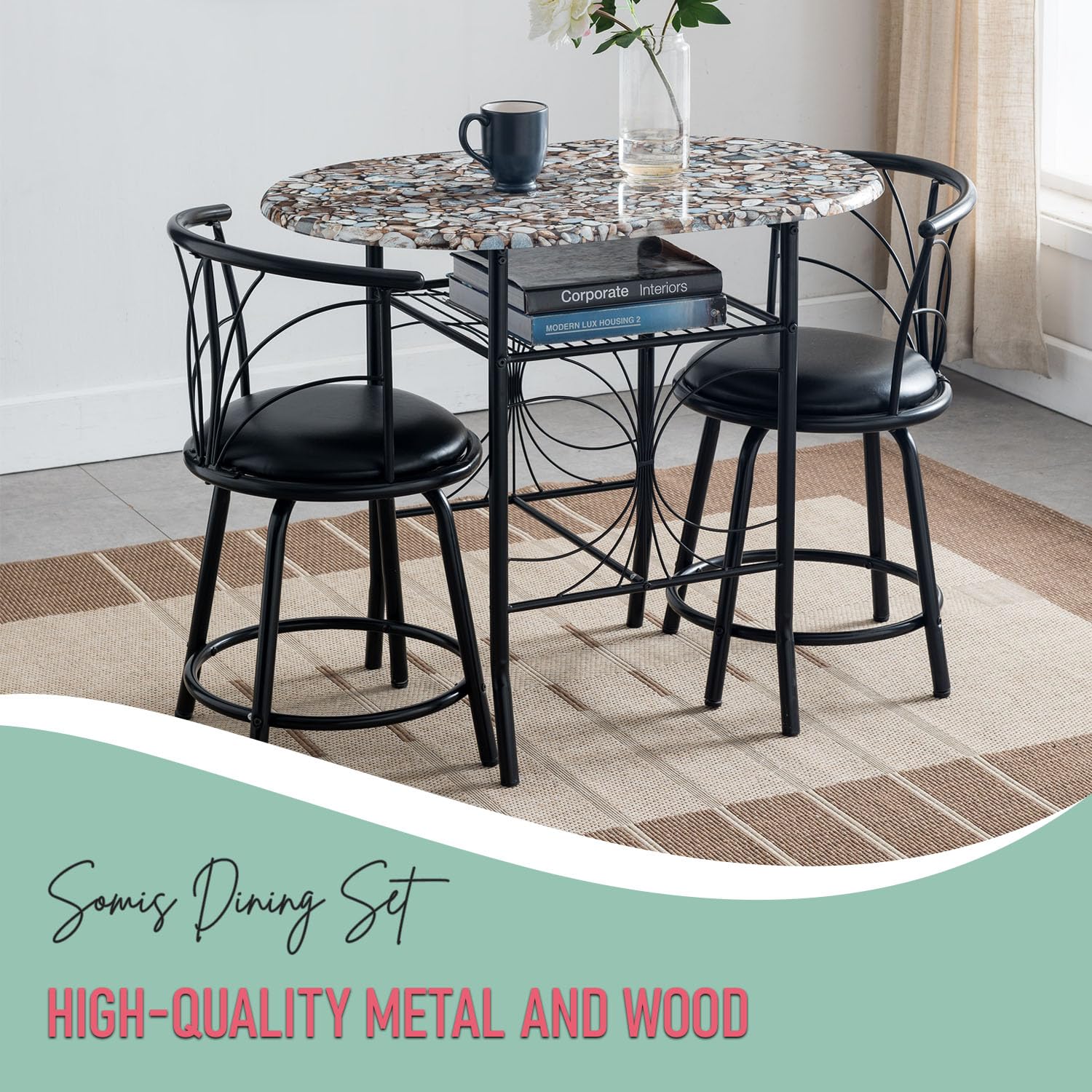 3-Piece Faux Marble Pub Dining Set with Storage