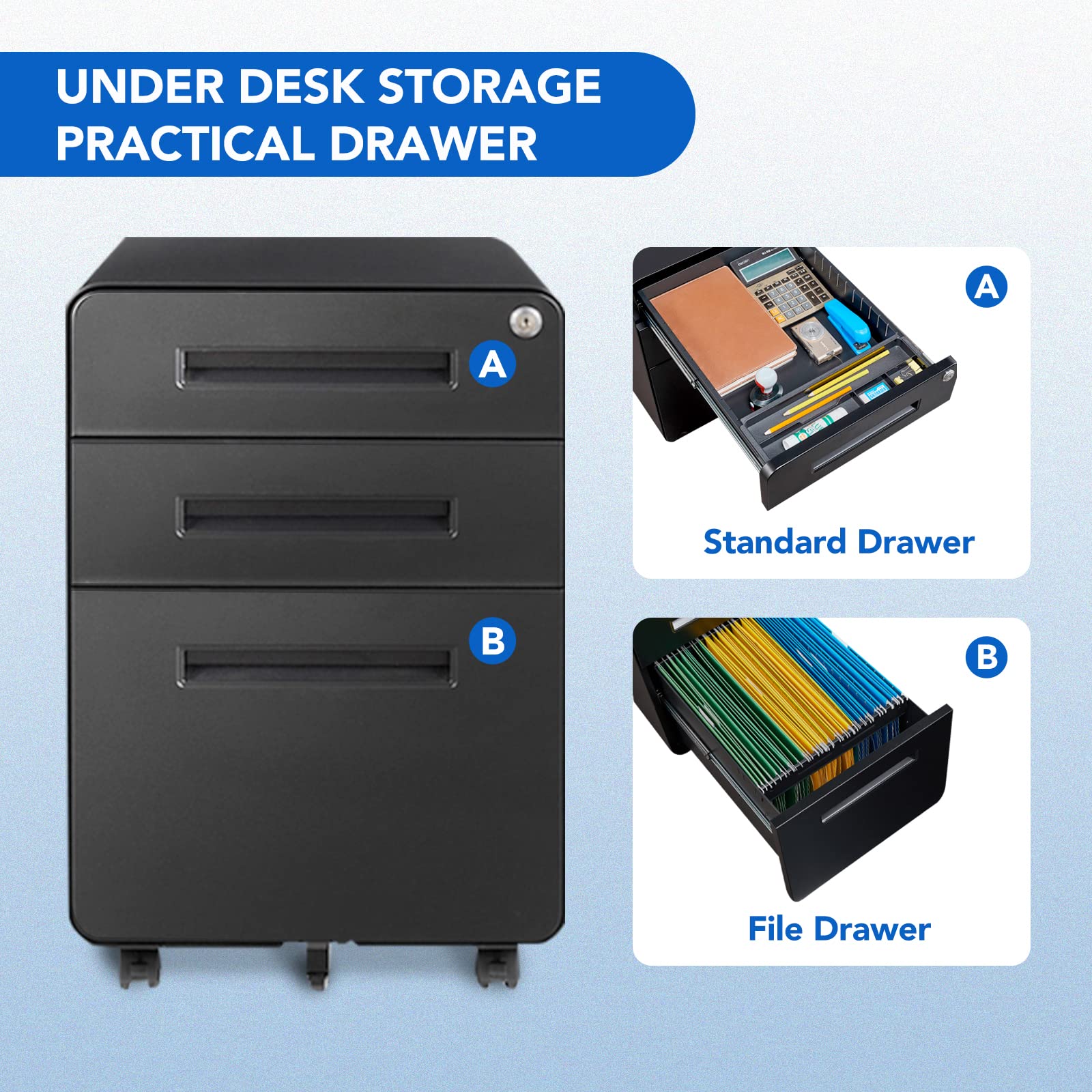 3 Drawer Mobile File Cabinet with Lock and Wheels