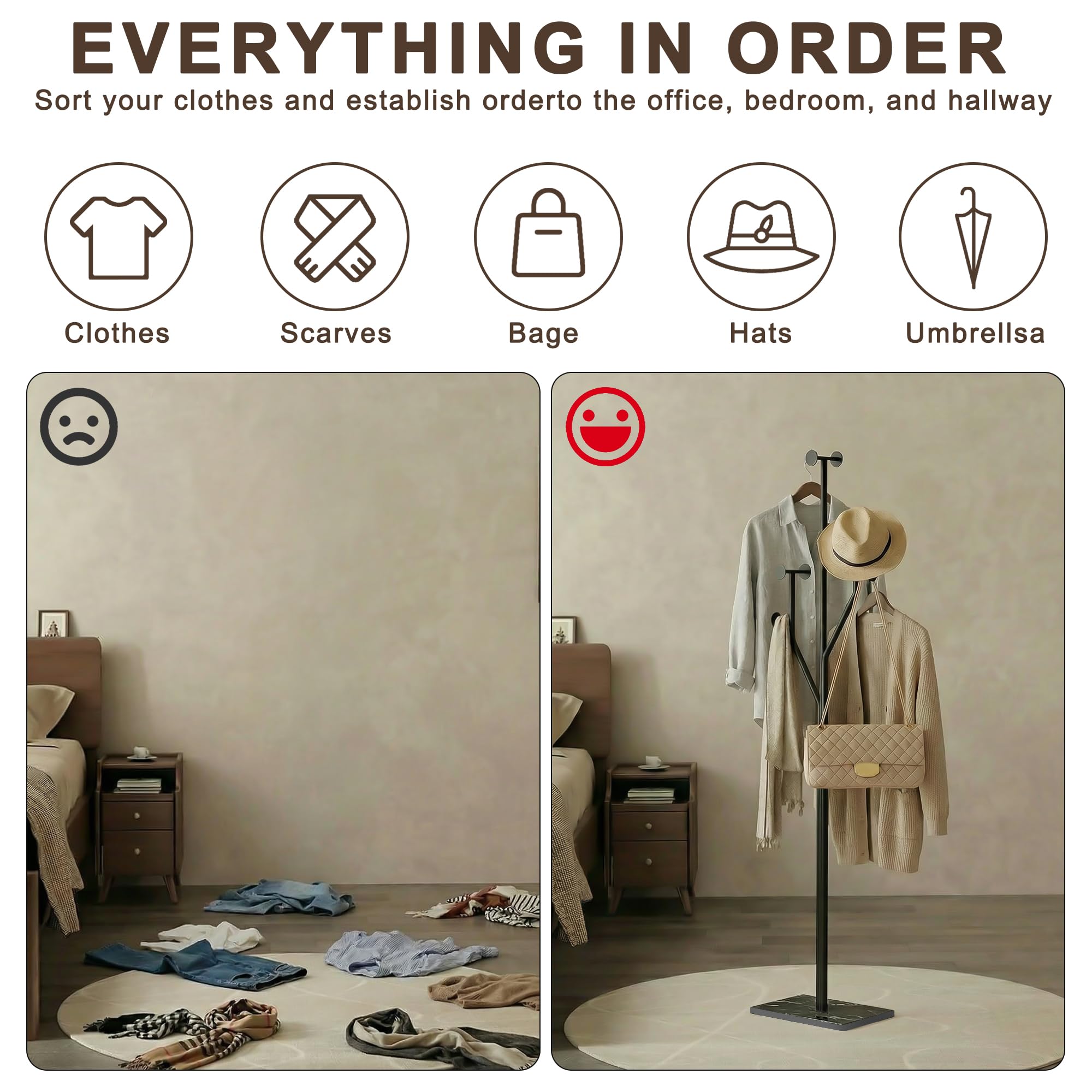 Freestanding Metal Coat Rack with Marble Base