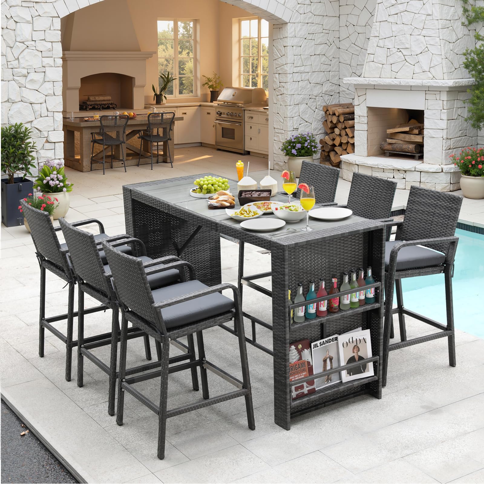 7-Piece Wicker Patio Bar Set with Storage