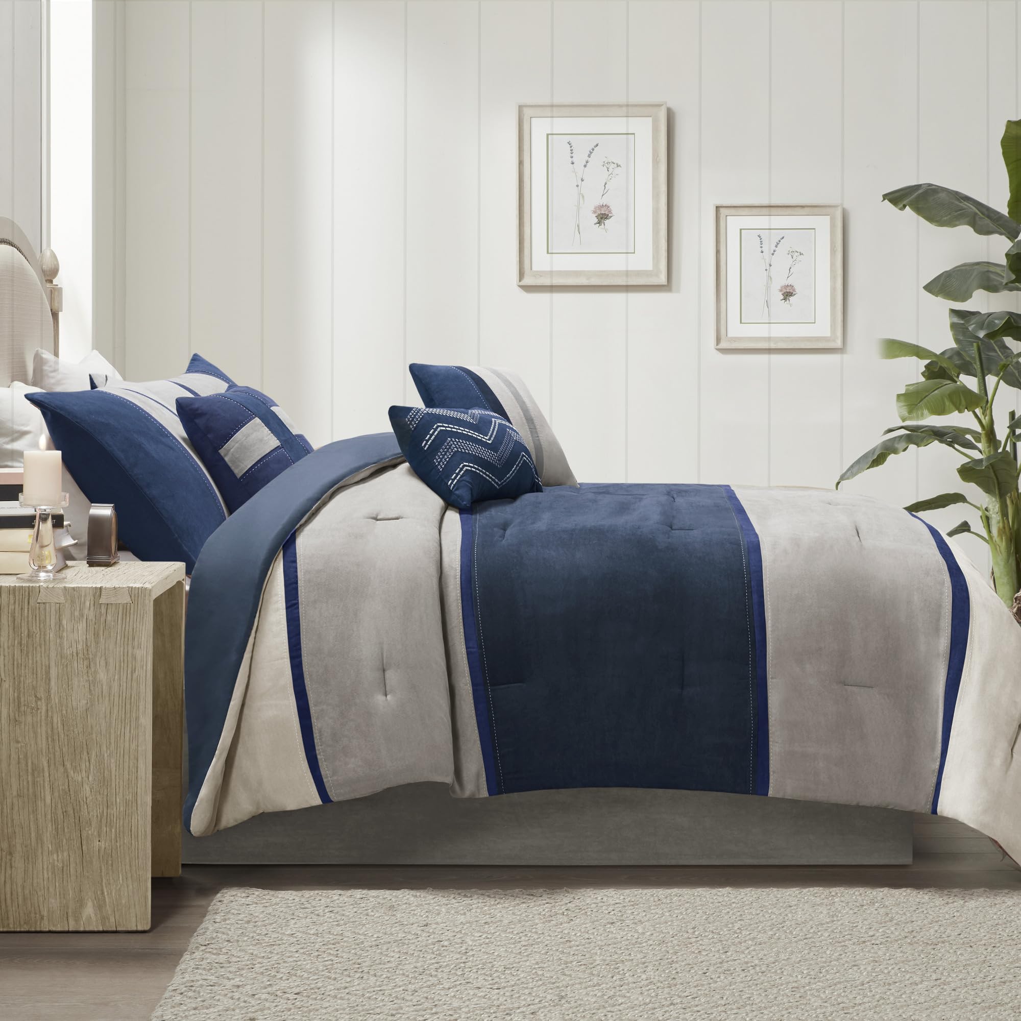 King Micro-Suede Comforter Set - Blue 7 Piece