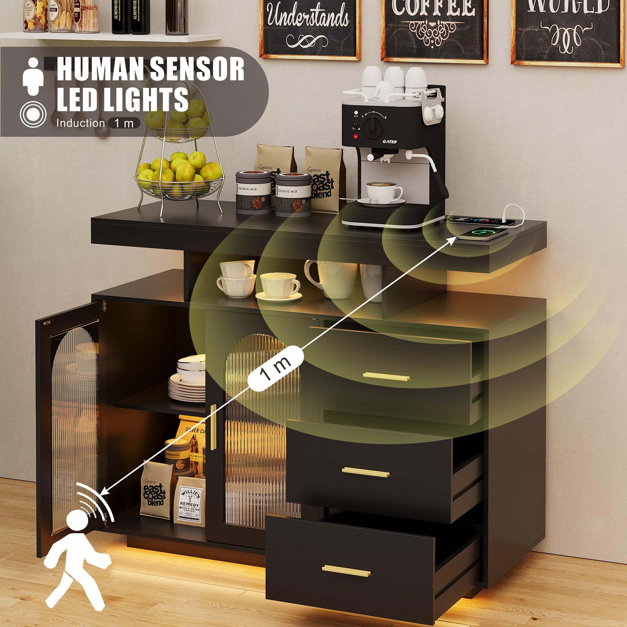 Buffet Cabinet with Storage and LED Lights