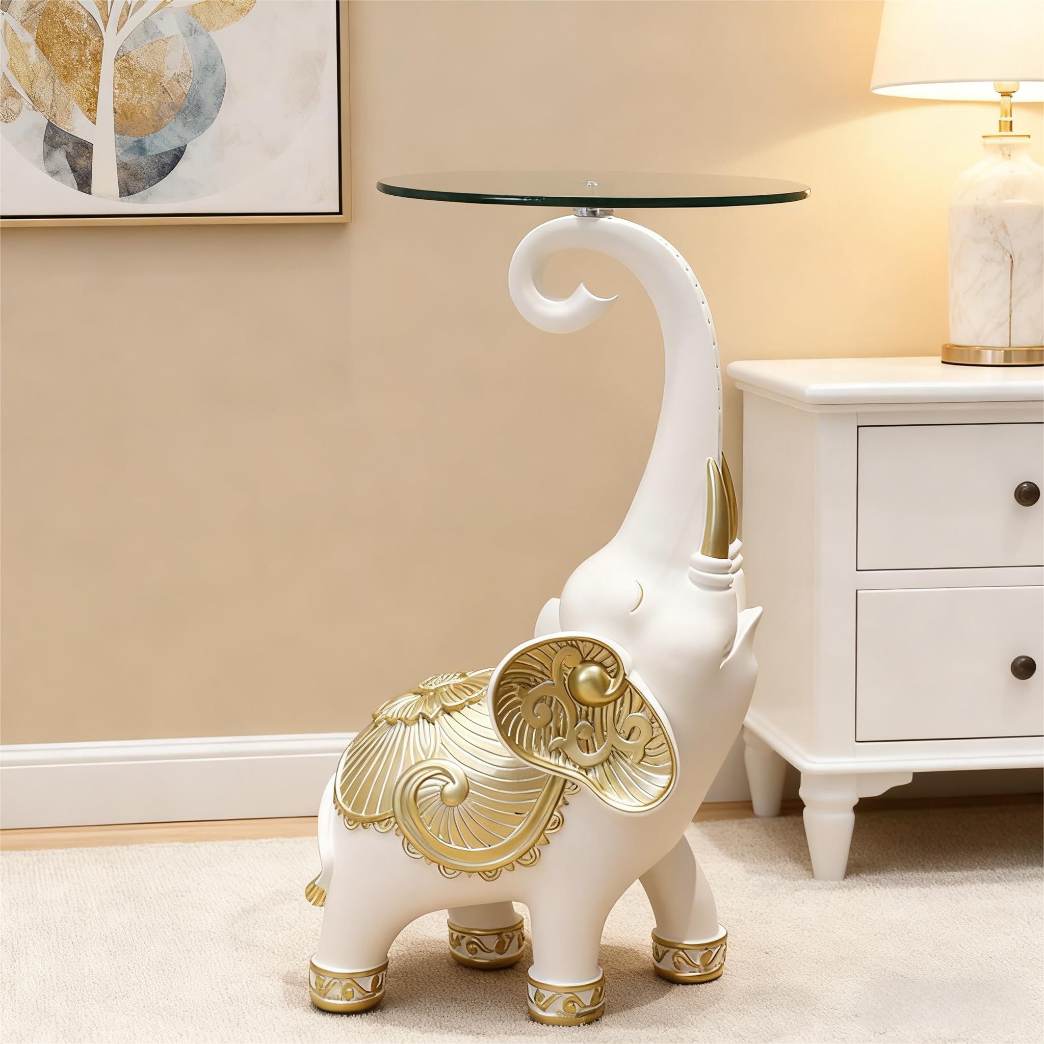 White Elephant Statue Side Table with Clear Glass Top