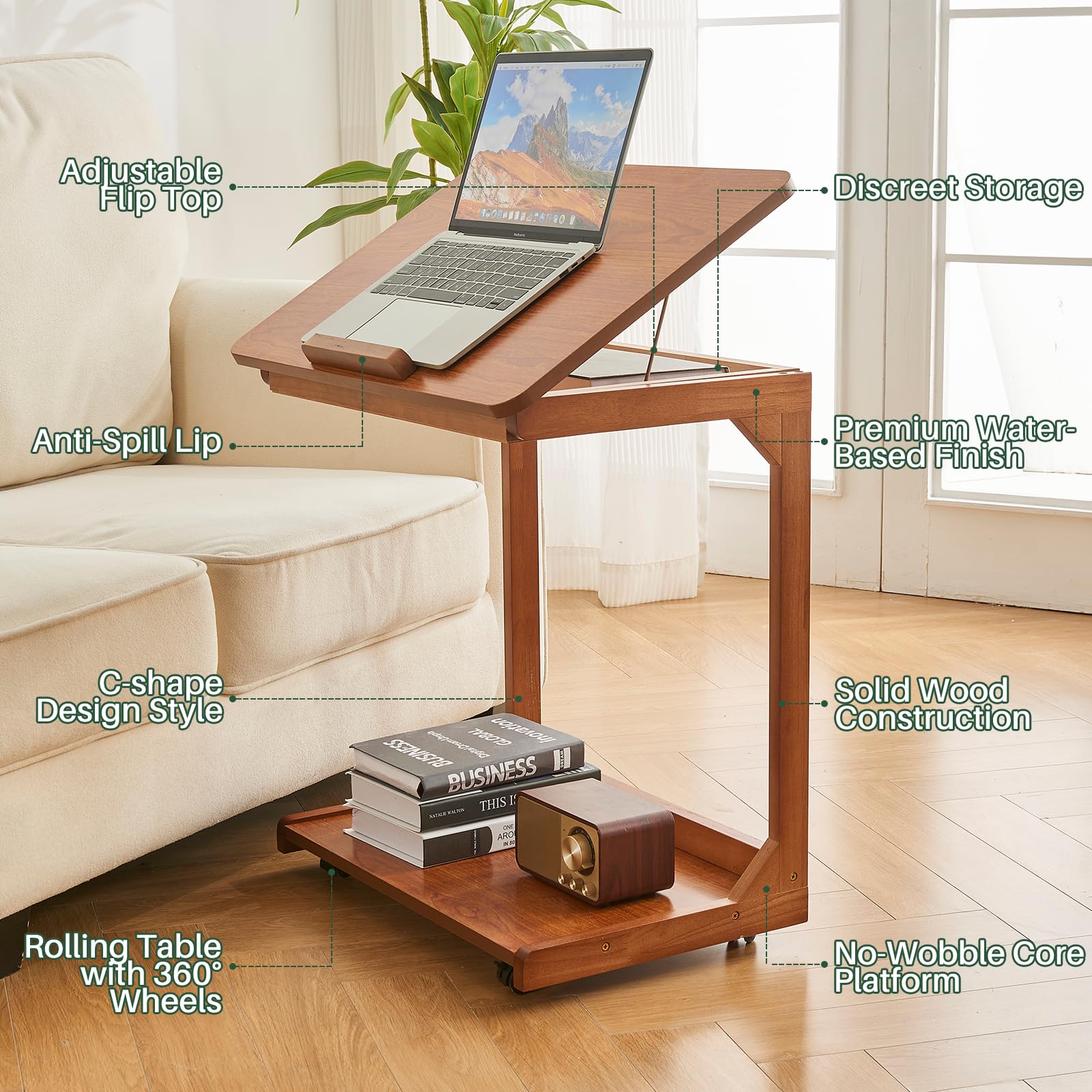 C-Shaped Rolling End Table with Wheels