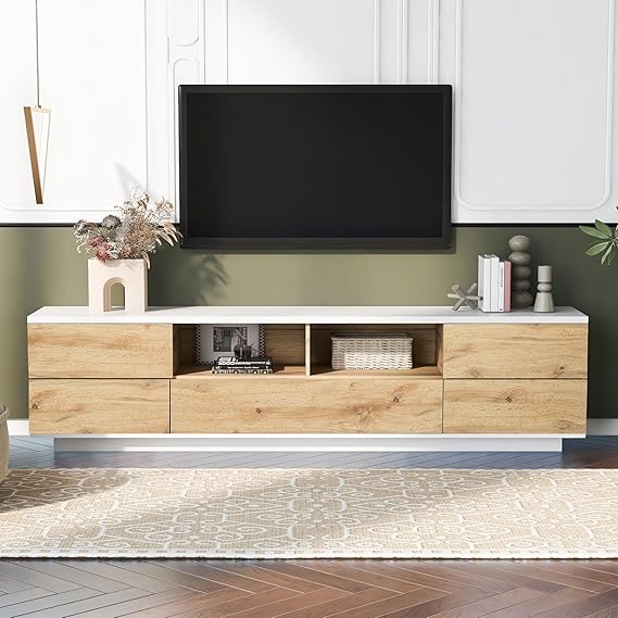 Modern Television Stand with 6 Cabinets & 2 Open Storage Spaces