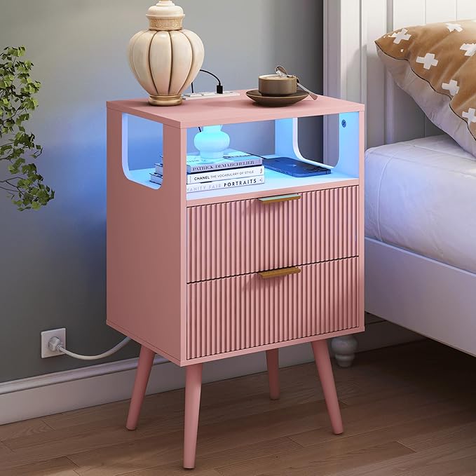 Nightstand with Charging Station and LED Lights