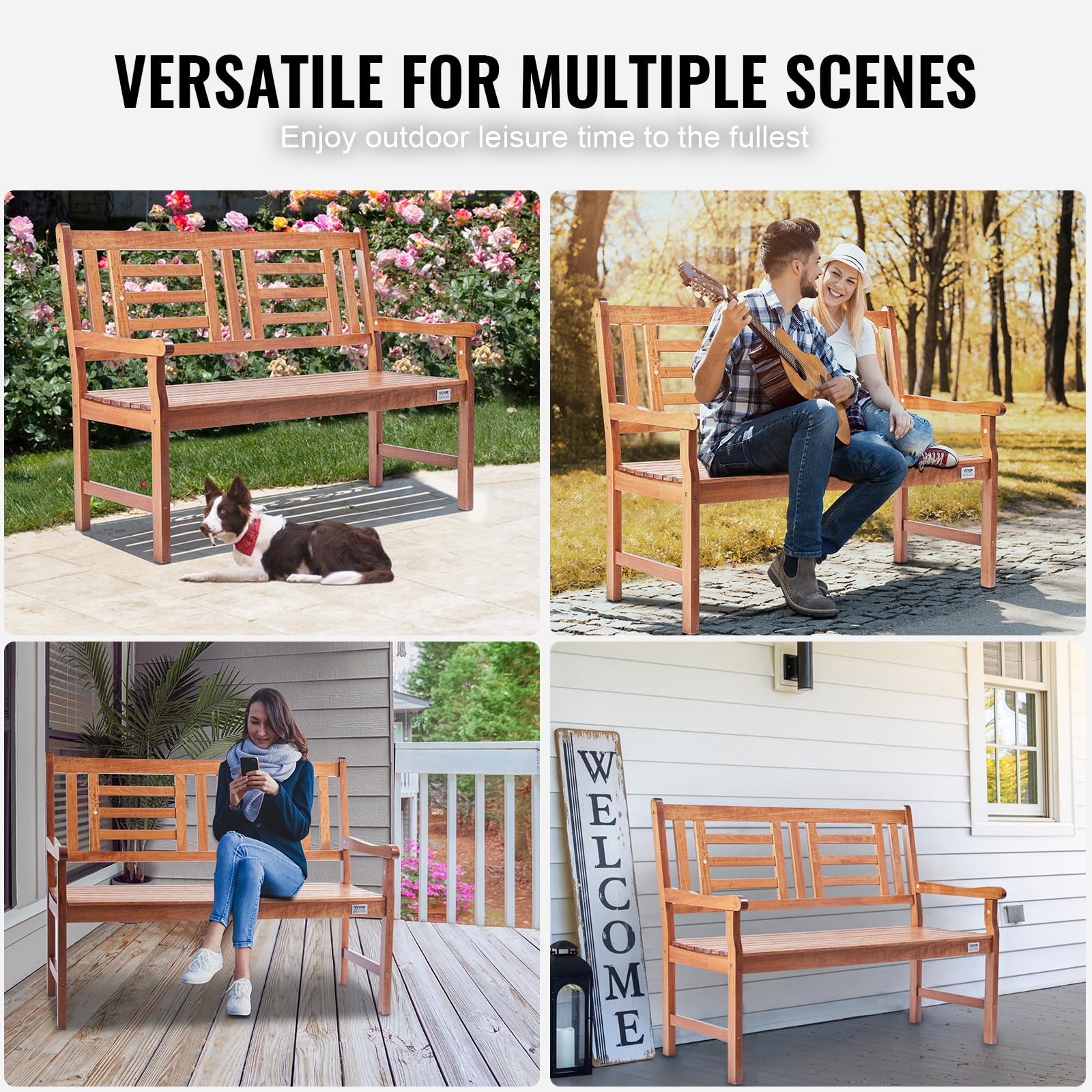 48-Inch Wood Outdoor Garden Bench with Backrest and Armrests