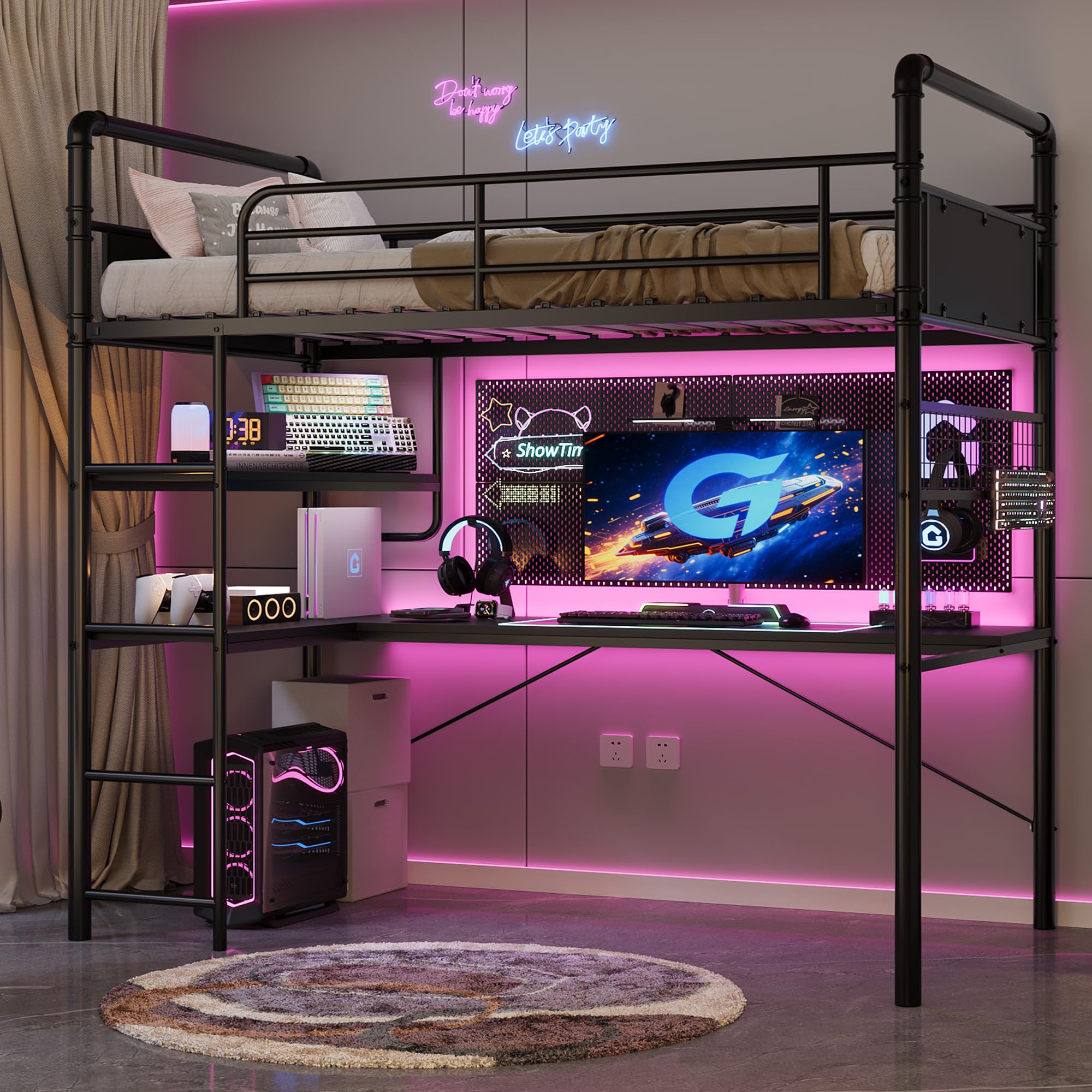 Twin Loft Bed with L-Shaped Desk and Ladder