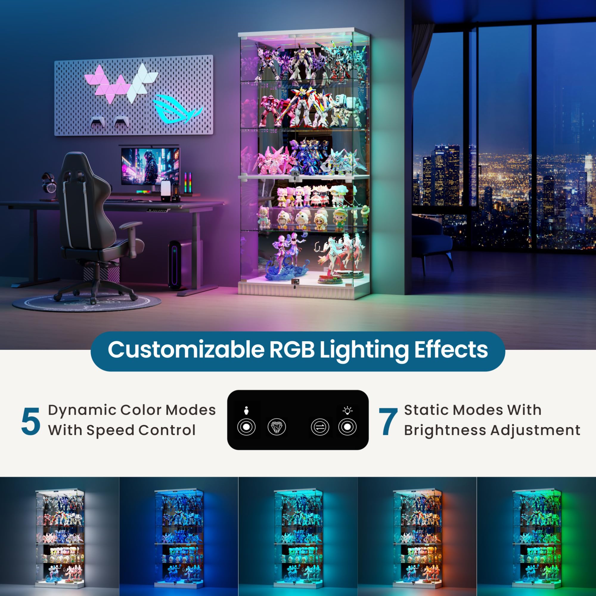 5 Tier Display Cabinet with RGB Lights and Glass Doors