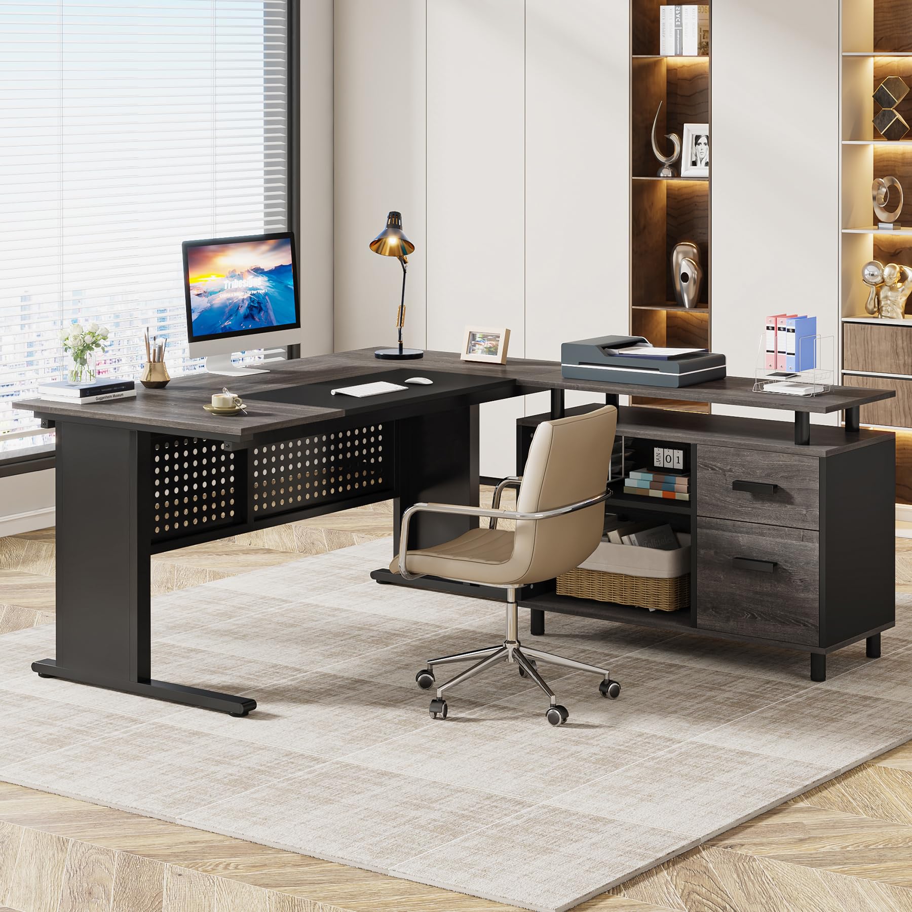 63 Inch L-Shaped Executive Desk with File Cabinet and Storage Shelves
