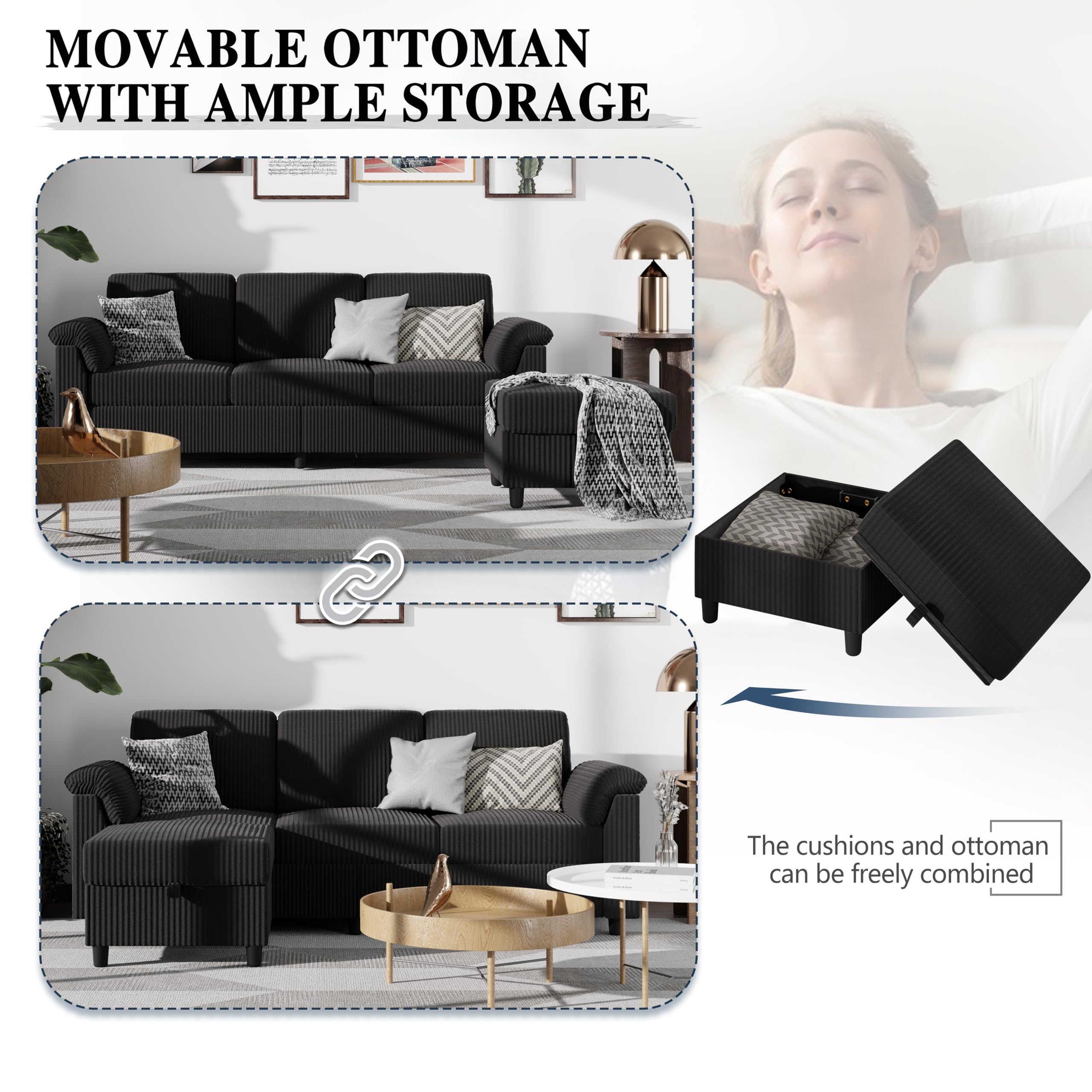 79" L-Shaped Sectional Sofa with Ottoman and Storage