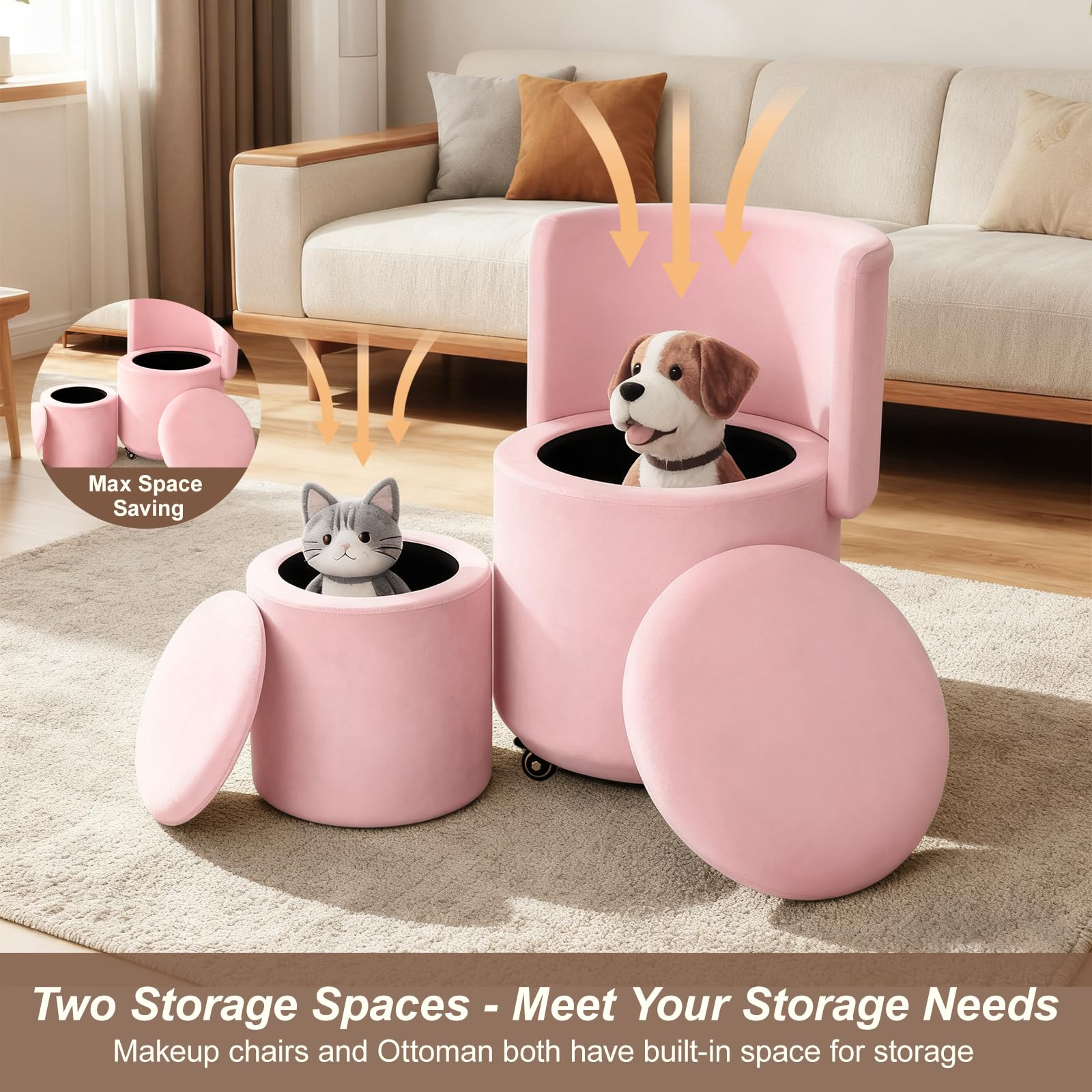 Rolling Round Vanity Chair with Storage