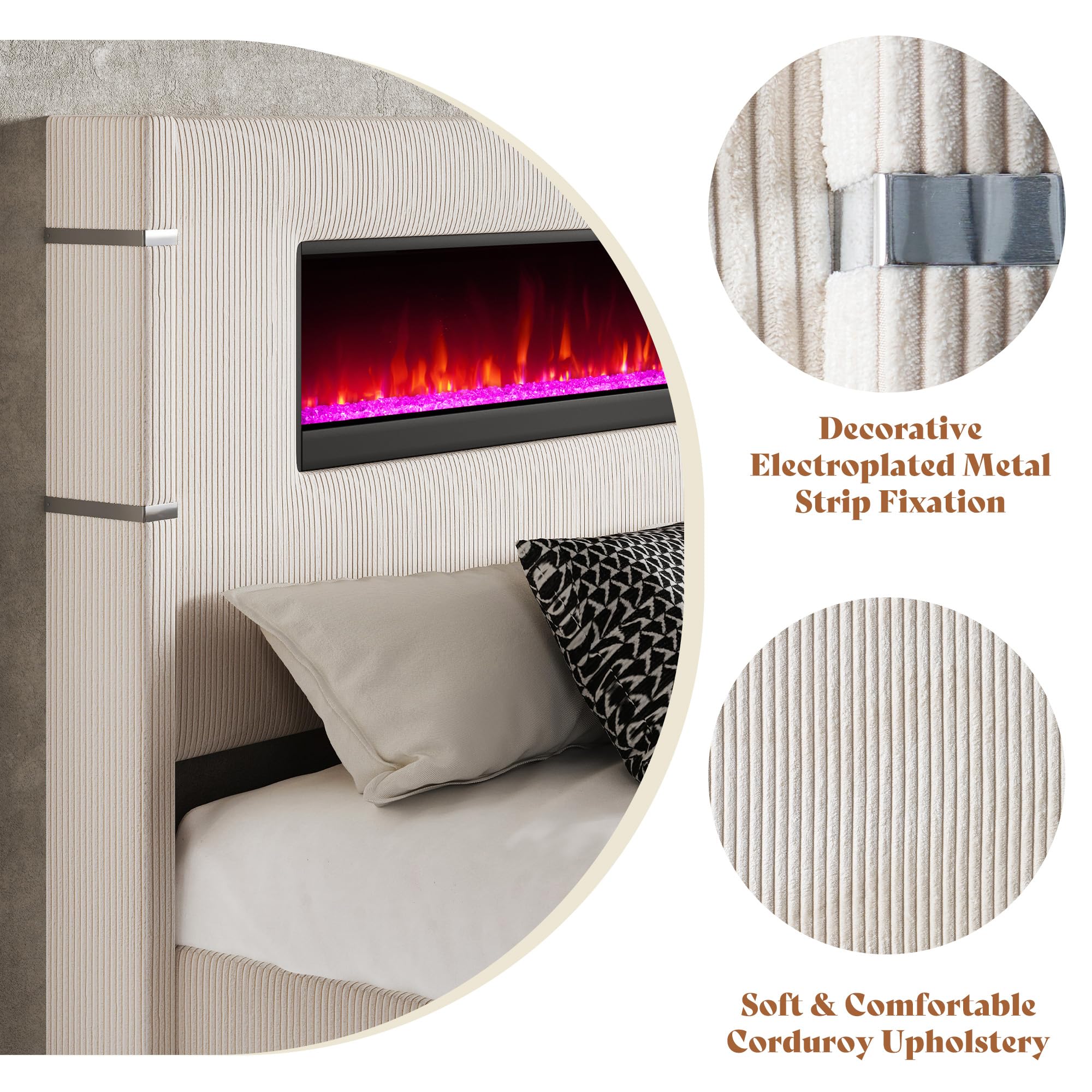 Queen Upholstered Platform Bed Frame with Fireplace and Tall Wingback Headboard