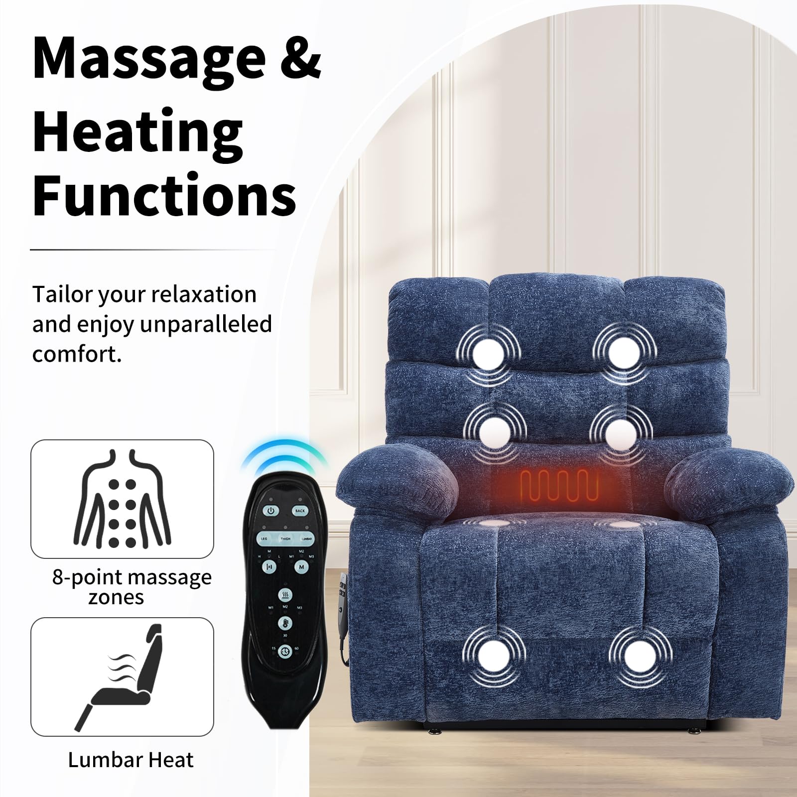 EZZUP Lay Flat Recliner with Vibration Massage and Lumbar Heating, 26'' Wide Recliner Chair with Infinite Position and 2 Remote Controls, Soft Chenille Lift Recliner for Living Room, Blue