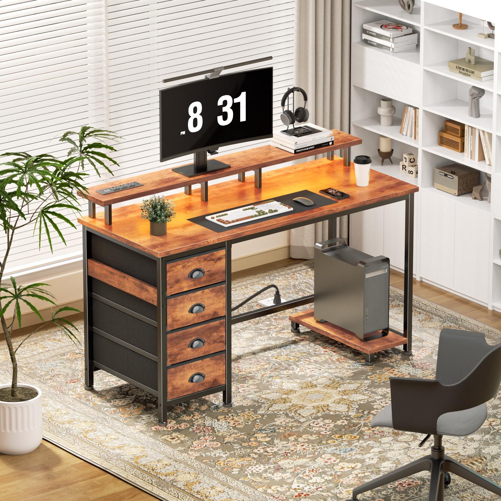 Gaming Desk with LED Lights & Power Outlets