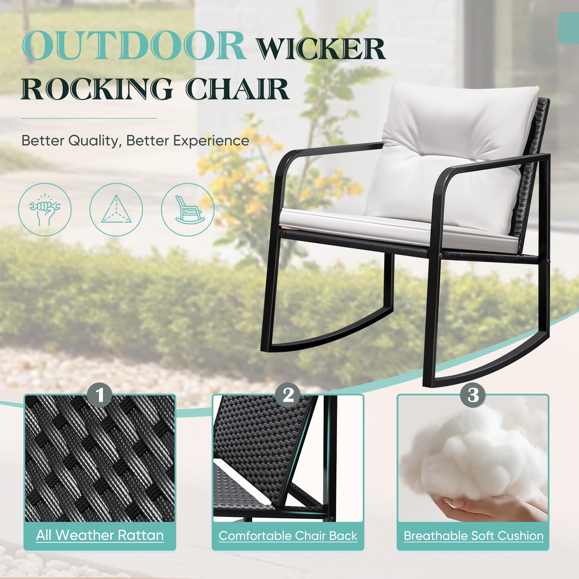 3 Pieces Rocking Wicker Bistro Set with Glass Coffee Table
