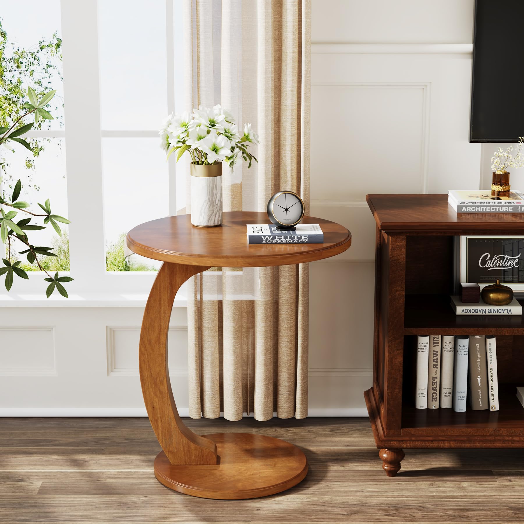 C-Shaped End Table Set of 2 - Wooden Round Side Table Brown