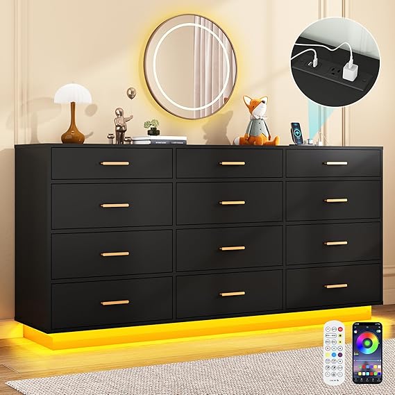 White 12 Drawer Dresser with Power Outlet and LED Lights