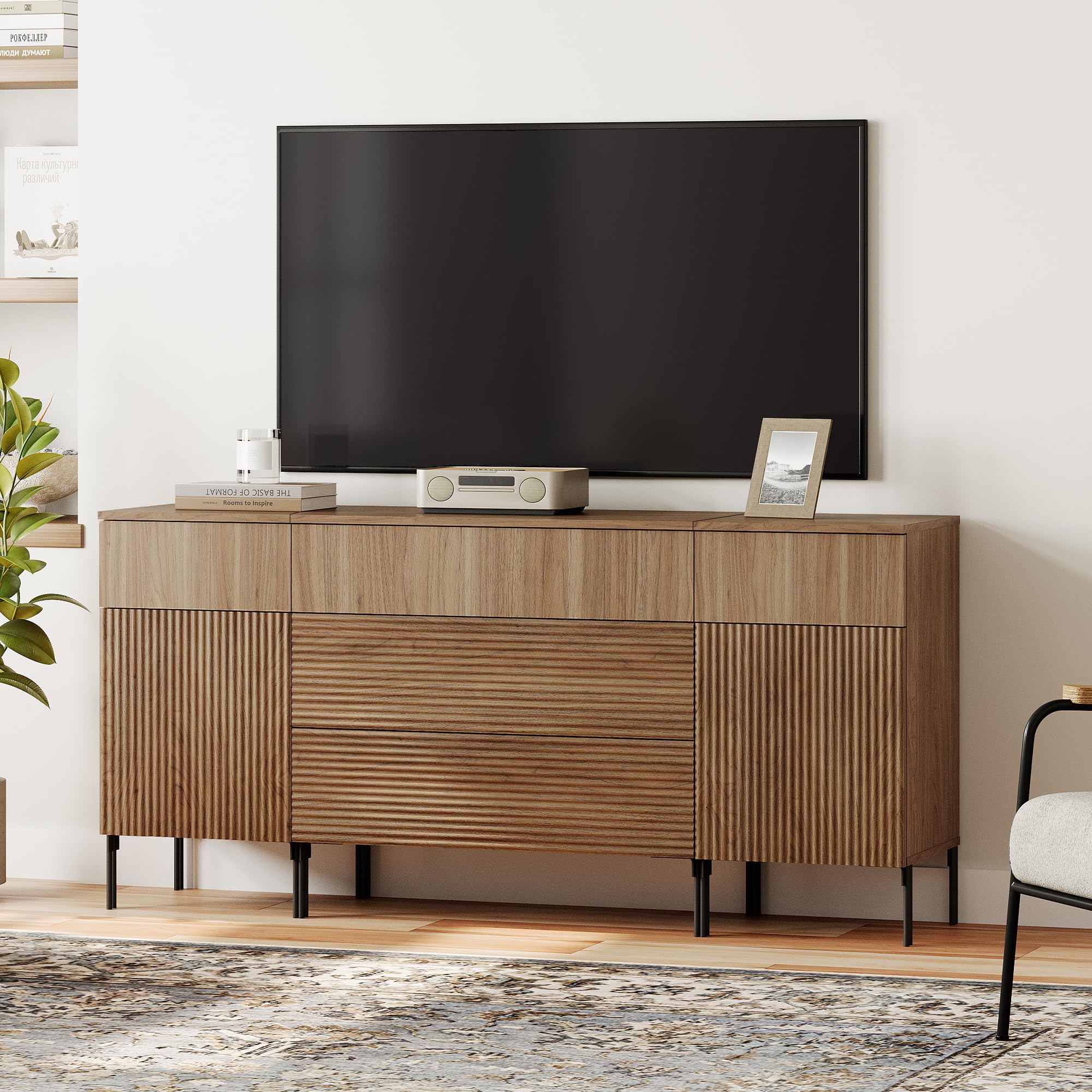 63" Fluted Sideboard Buffet Cabinet with Charging Station