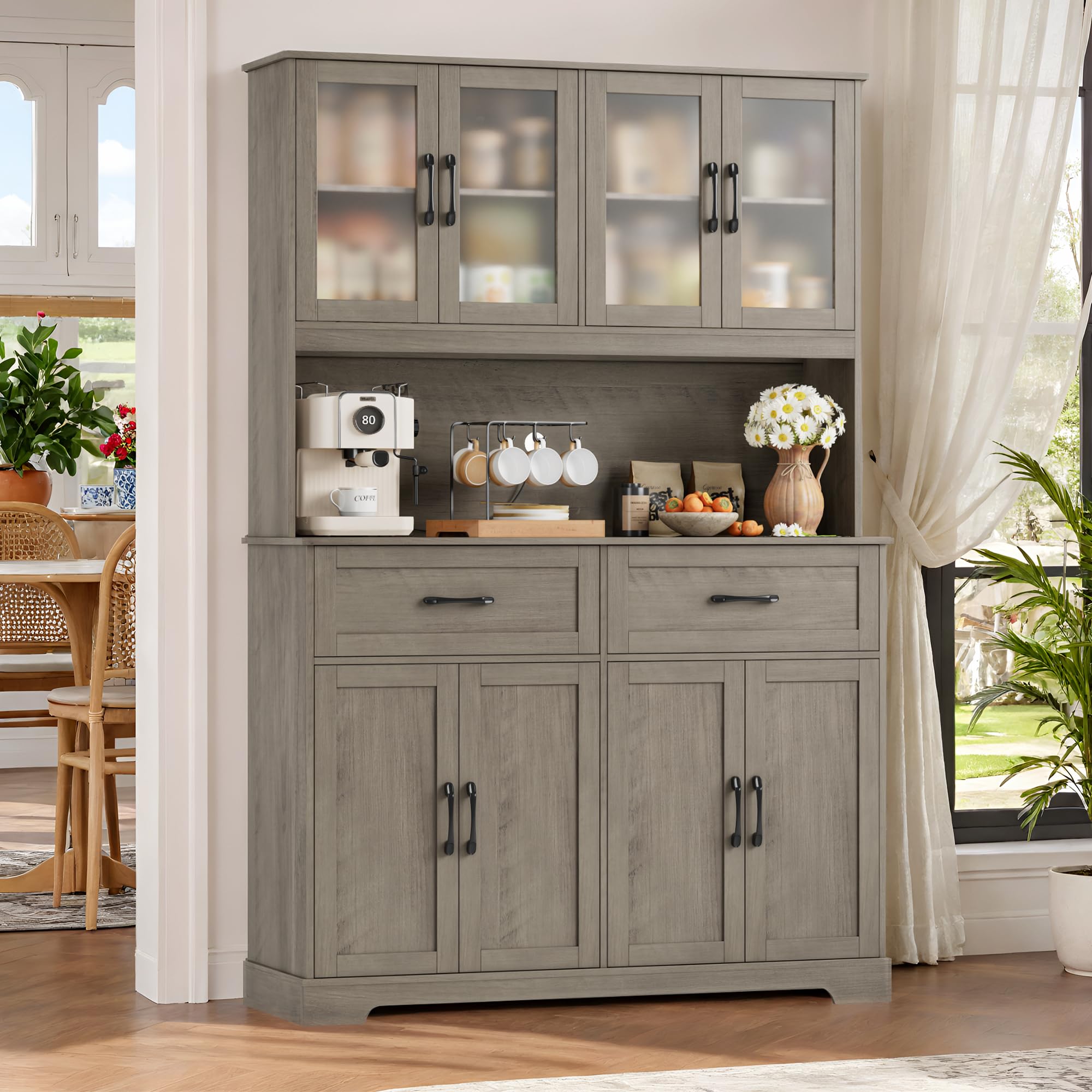 71" Farmhouse Kitchen Pantry Cabinet with Microwave Stand