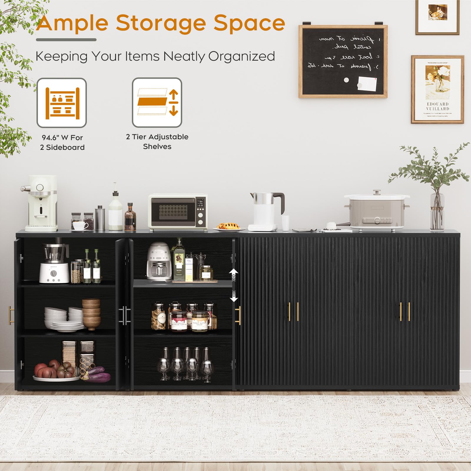 Black Fluted Sideboard Buffet Cabinet with Storage