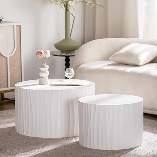 Nesting Coffee Table Set of 2 Round Drum Side Tables