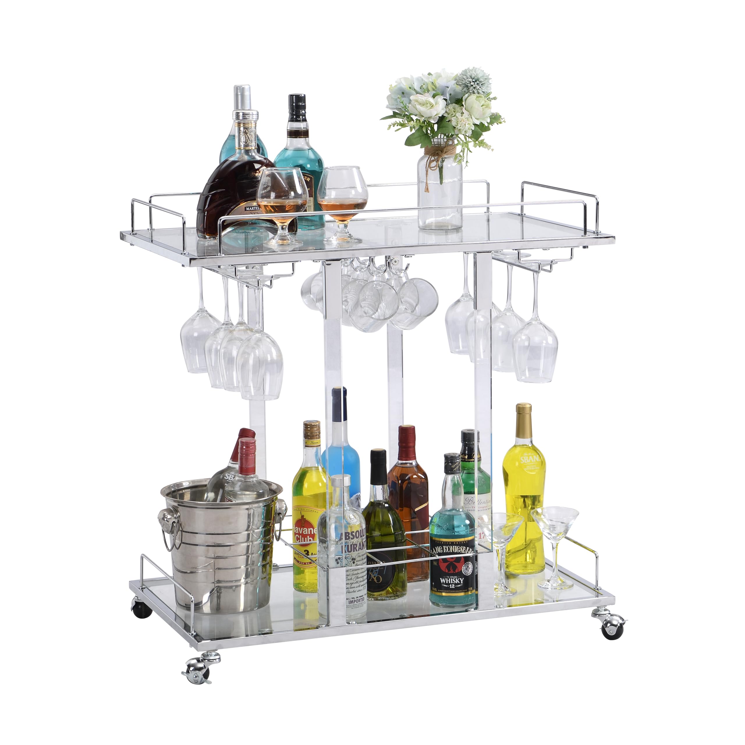 Silver Bar Cart with Wine Rack 2-Tier Acrylic Rolling Cart