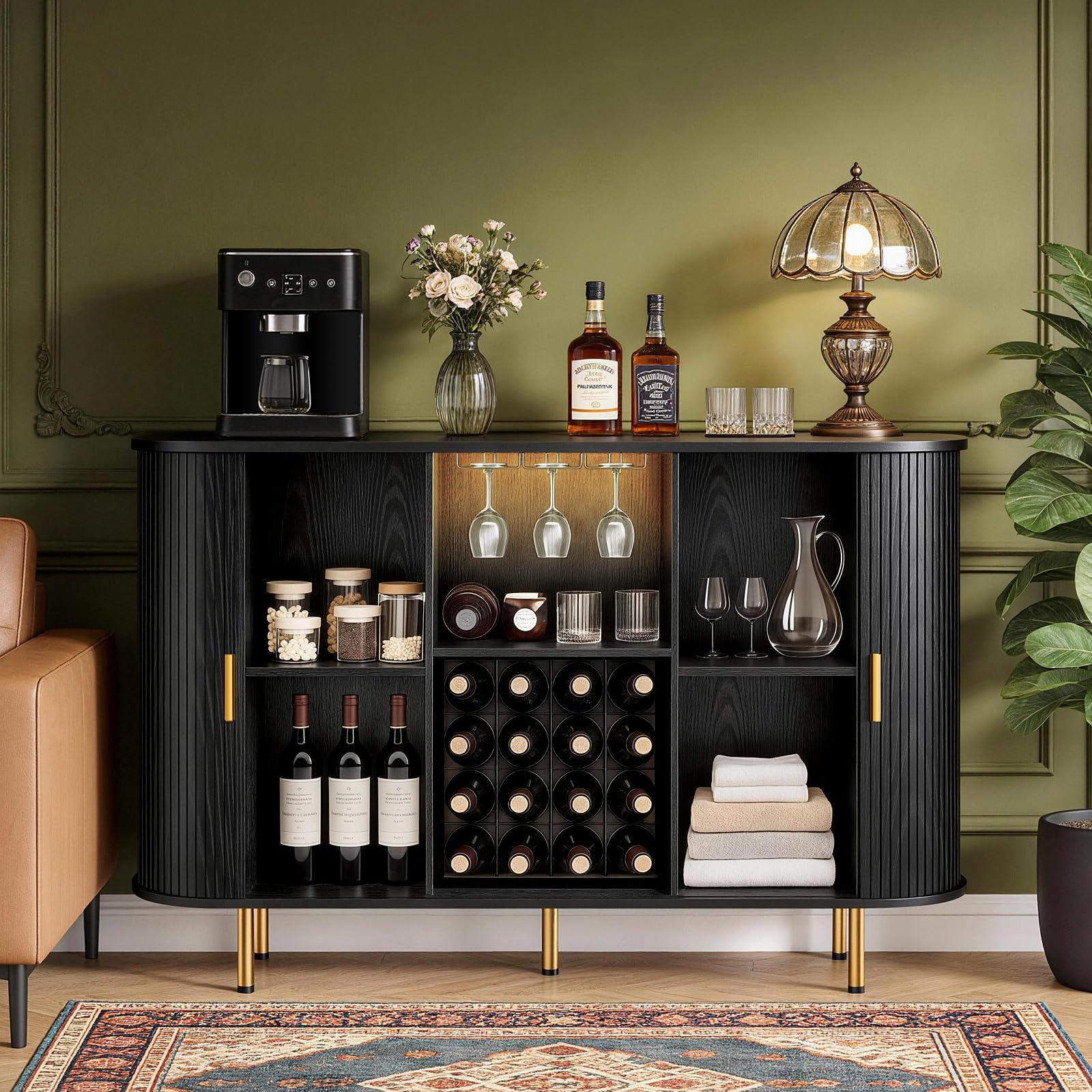 Wine Bar Cabinet with LED Lights and Storage