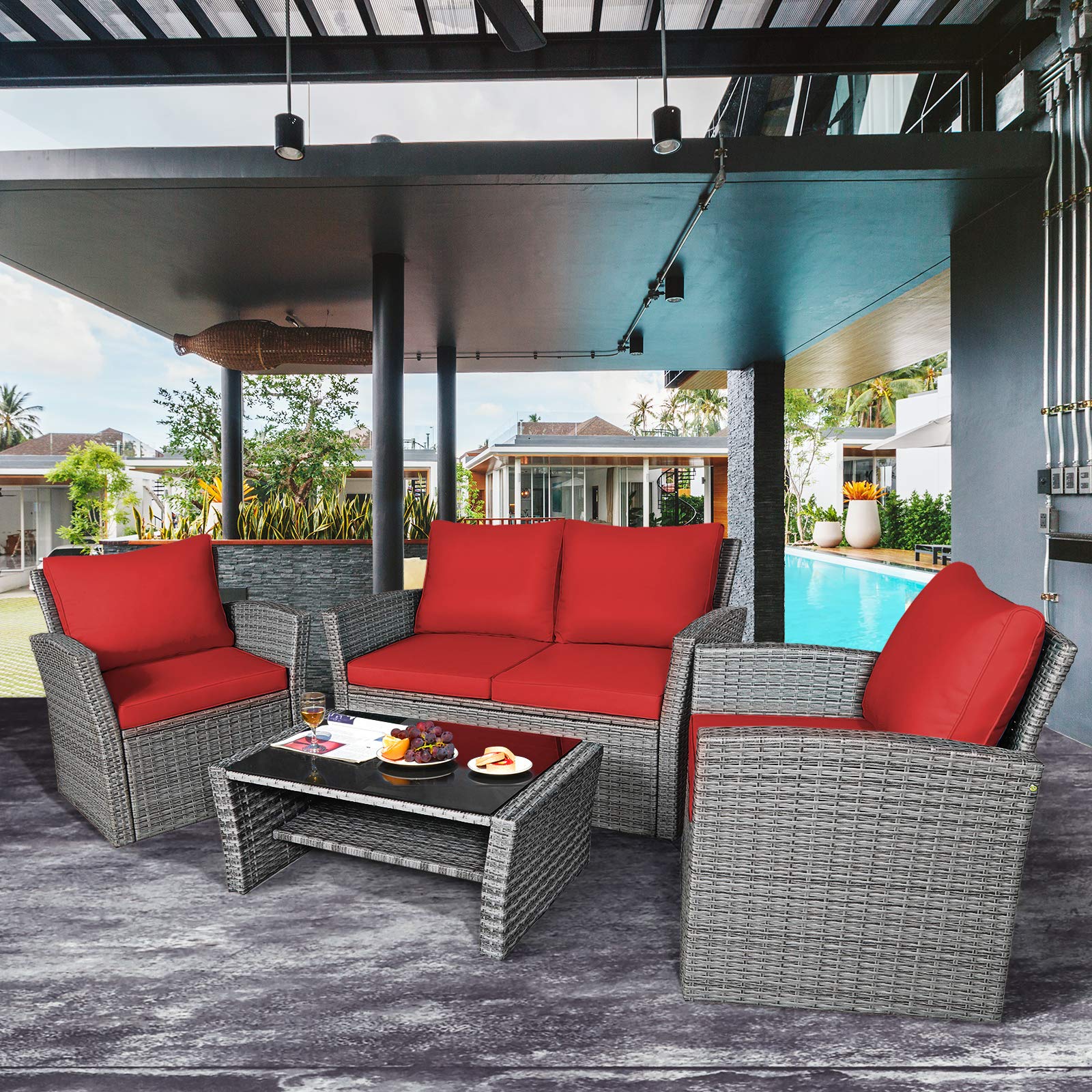 4-Piece Patio Rattan Furniture Set with Glass Coffee Table