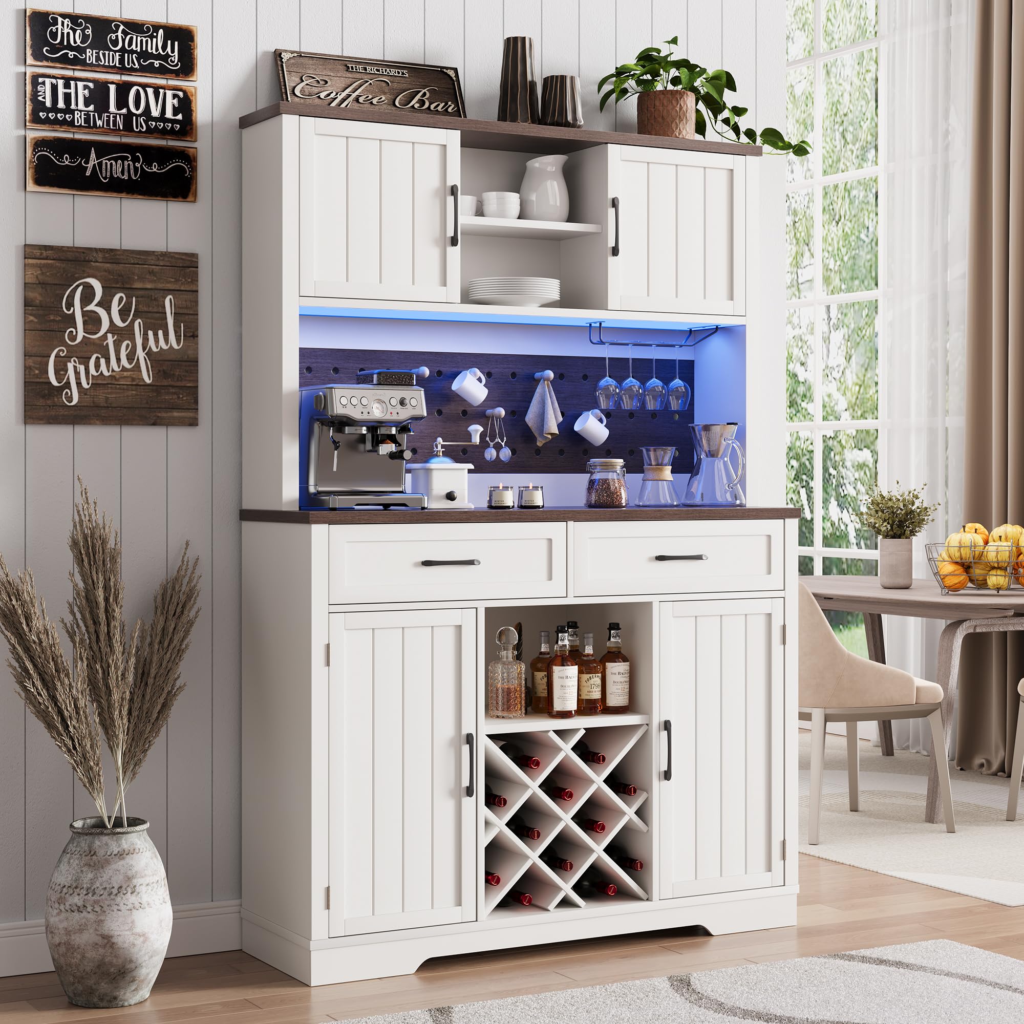 Coffee Bar Cabinet with Power Outlet & LED Light