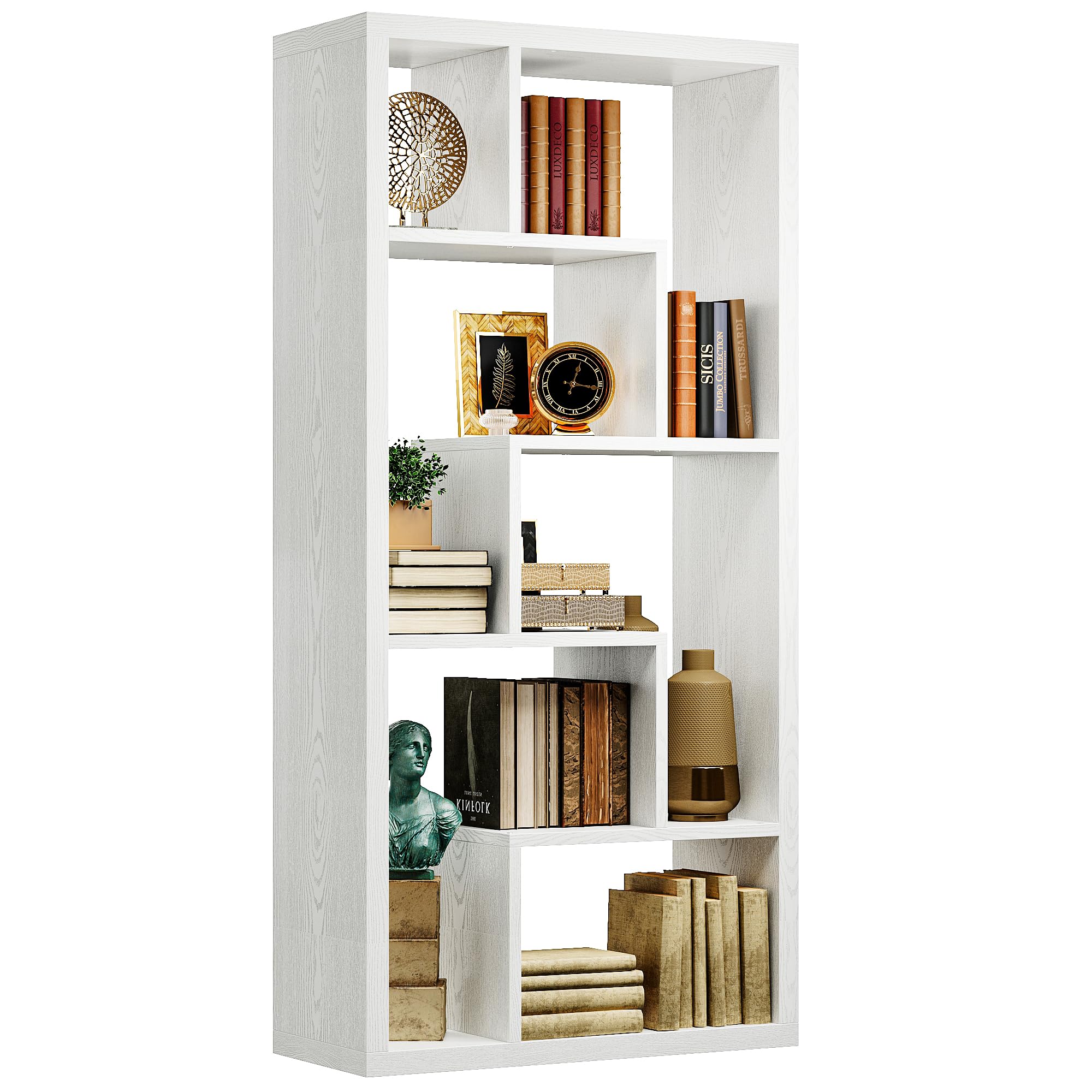 Geometric Bookcase 6-Shelf Industrial White Etagere Tall Storage Display