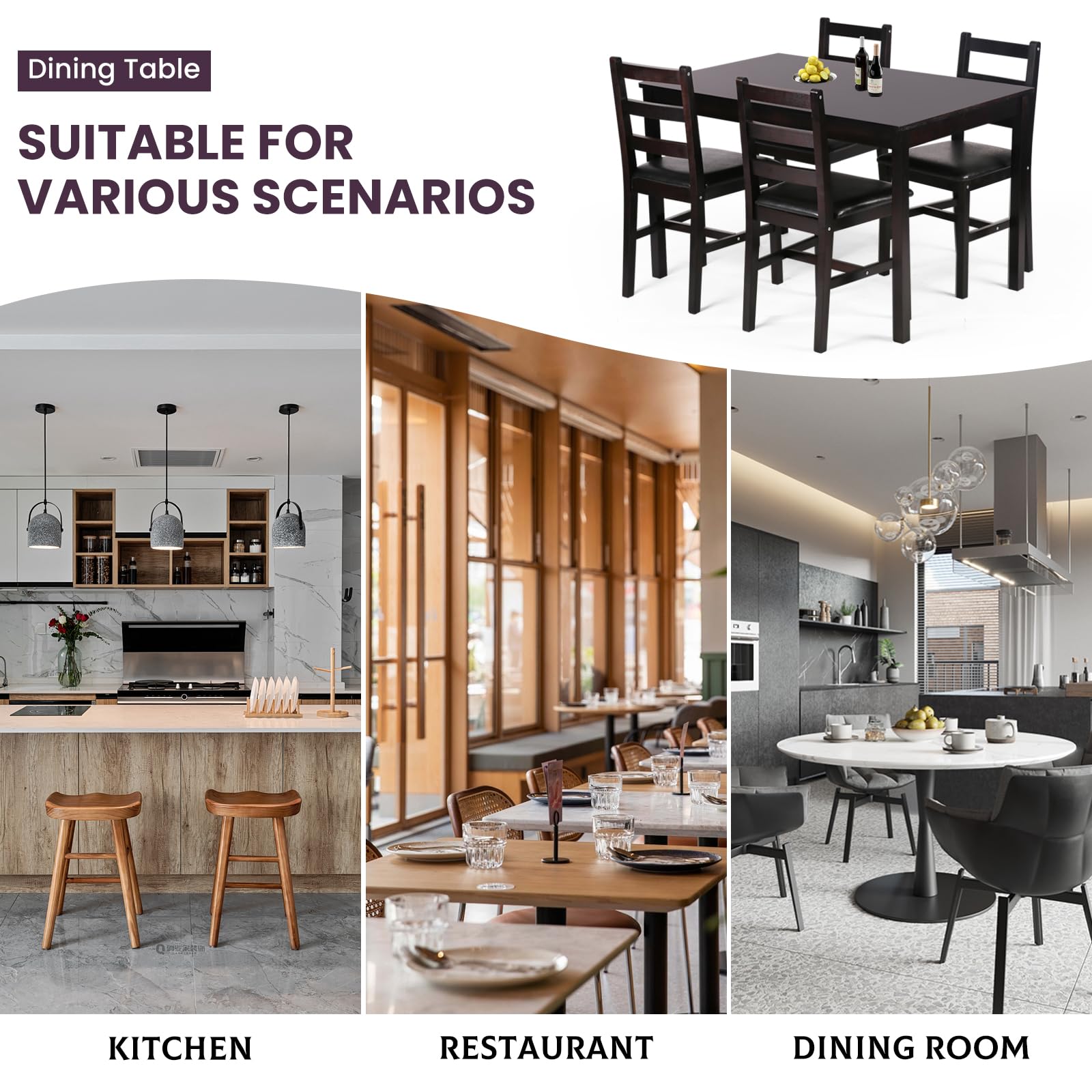 5-Piece Wooden Dining Table Set for 4 - Square Kitchen Table with Chairs