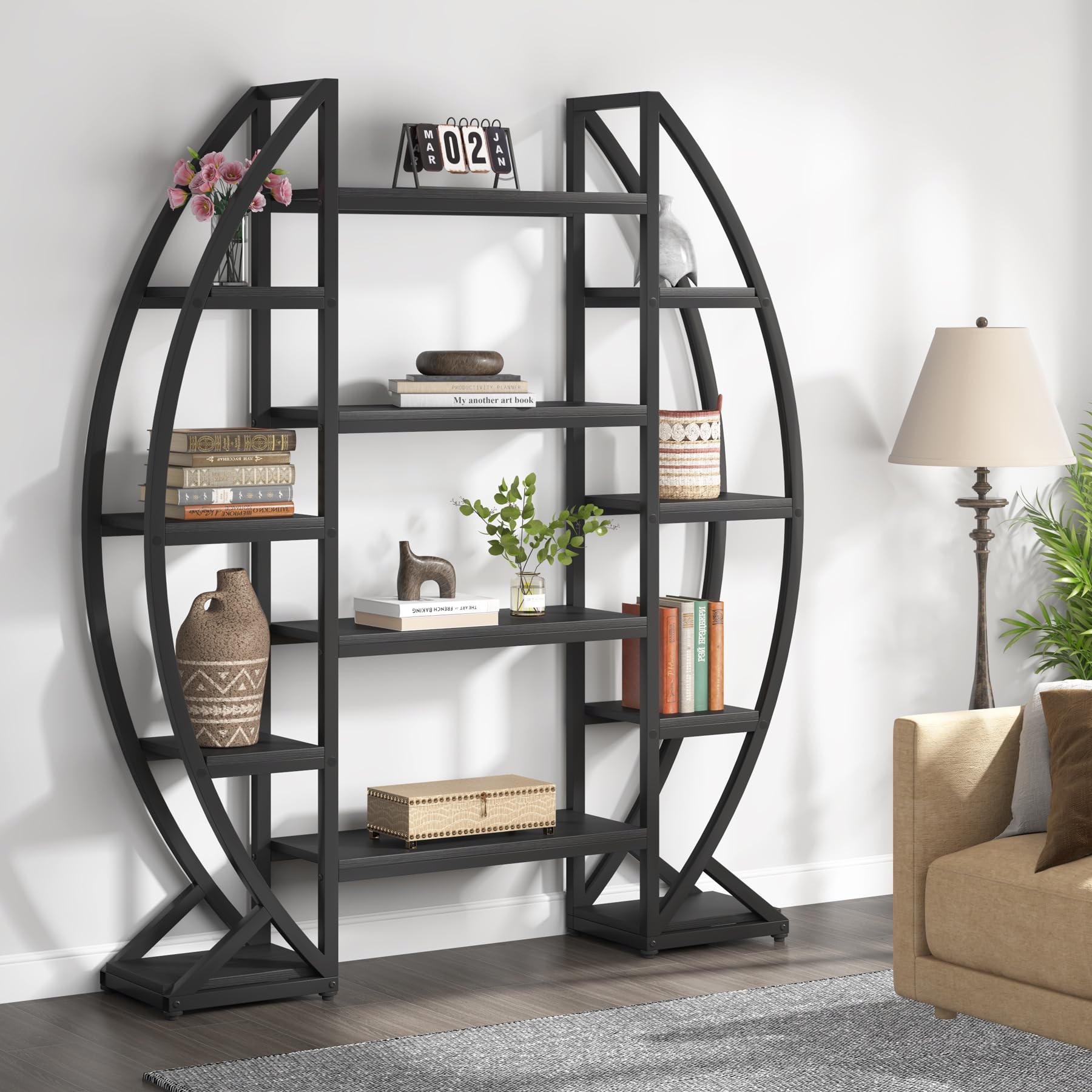 Oval Bookshelf Triple Wide 5-Tier Industrial Display