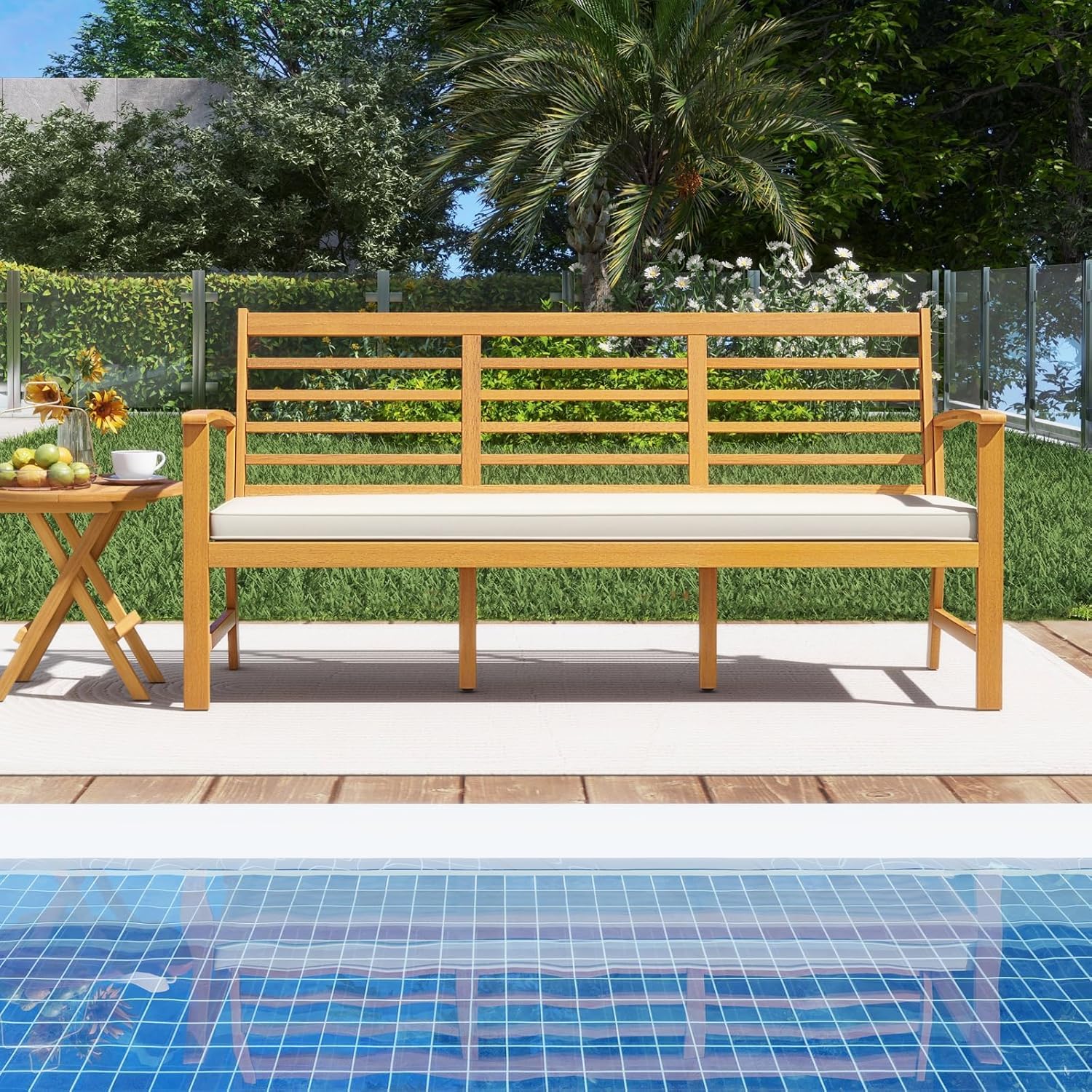64" Acacia Wood Outdoor Bench with Cushion