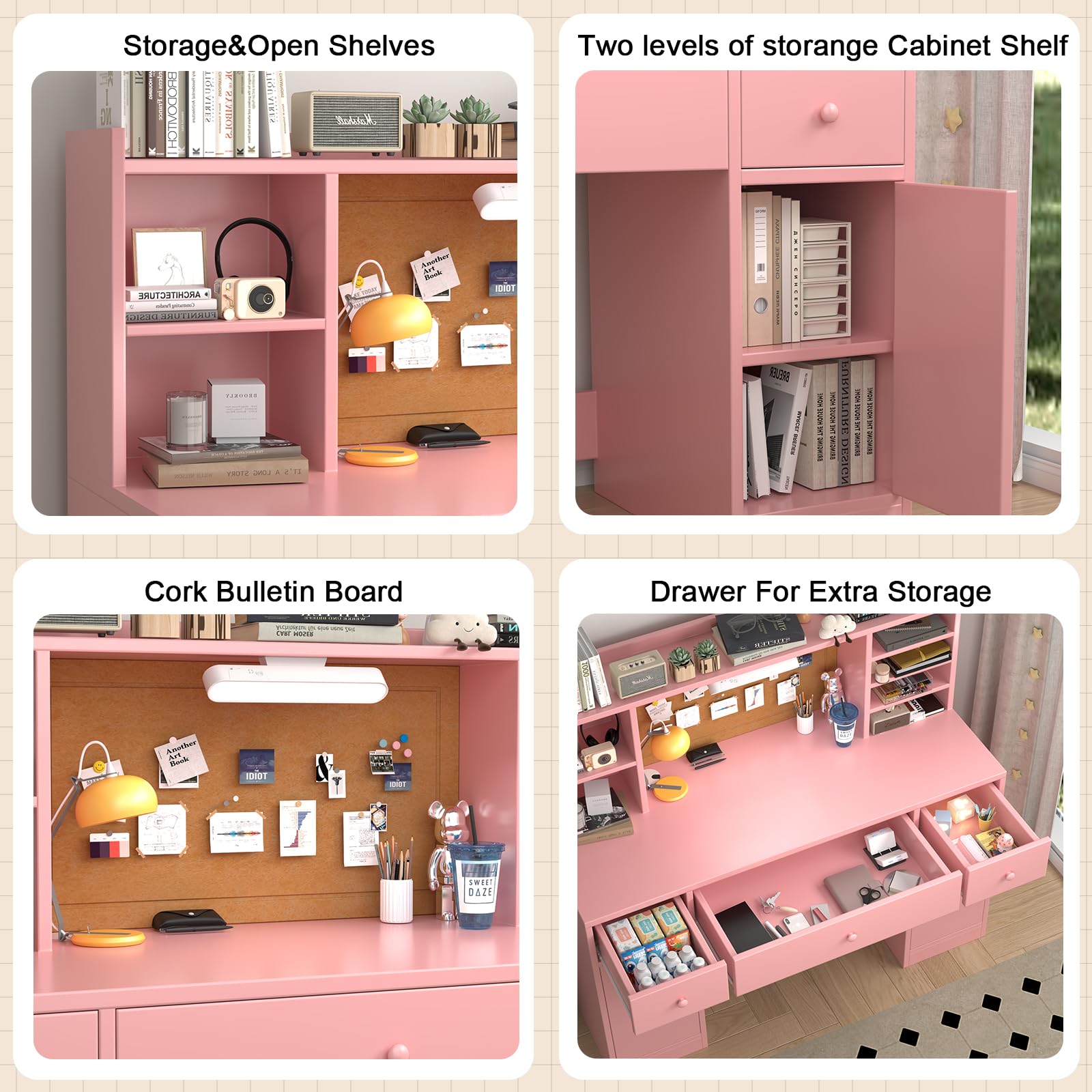 Pink Wooden Kids Study Desk and Chair Set