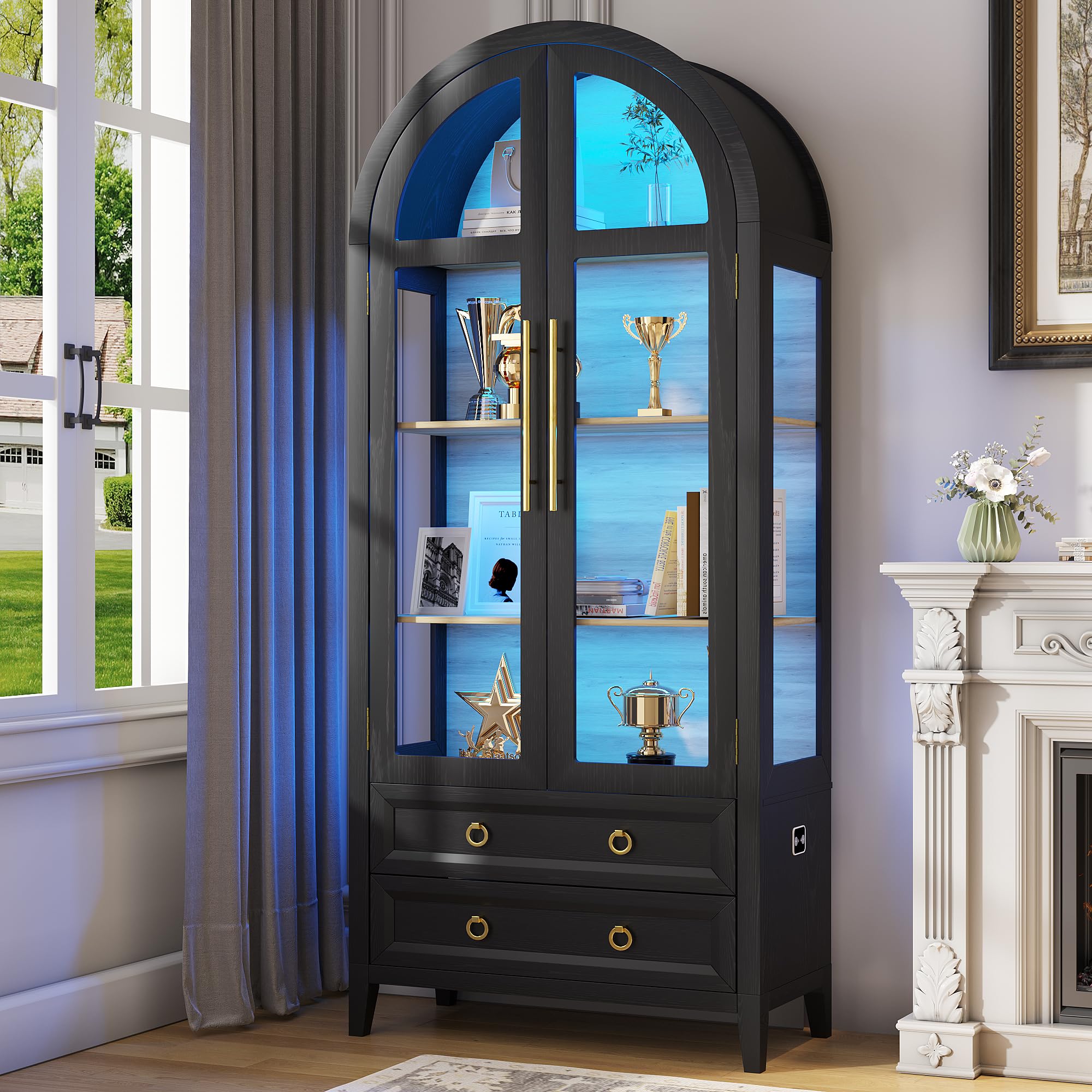 70.8" Arched Display Cabinet with LED Lights and Glass Doors