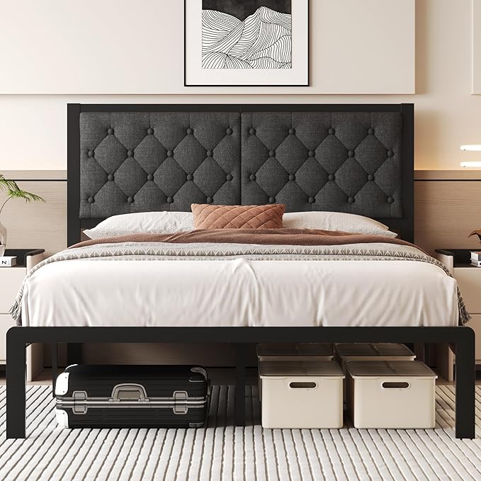 Queen Bed Frame with PU Leather Upholstered Headboard