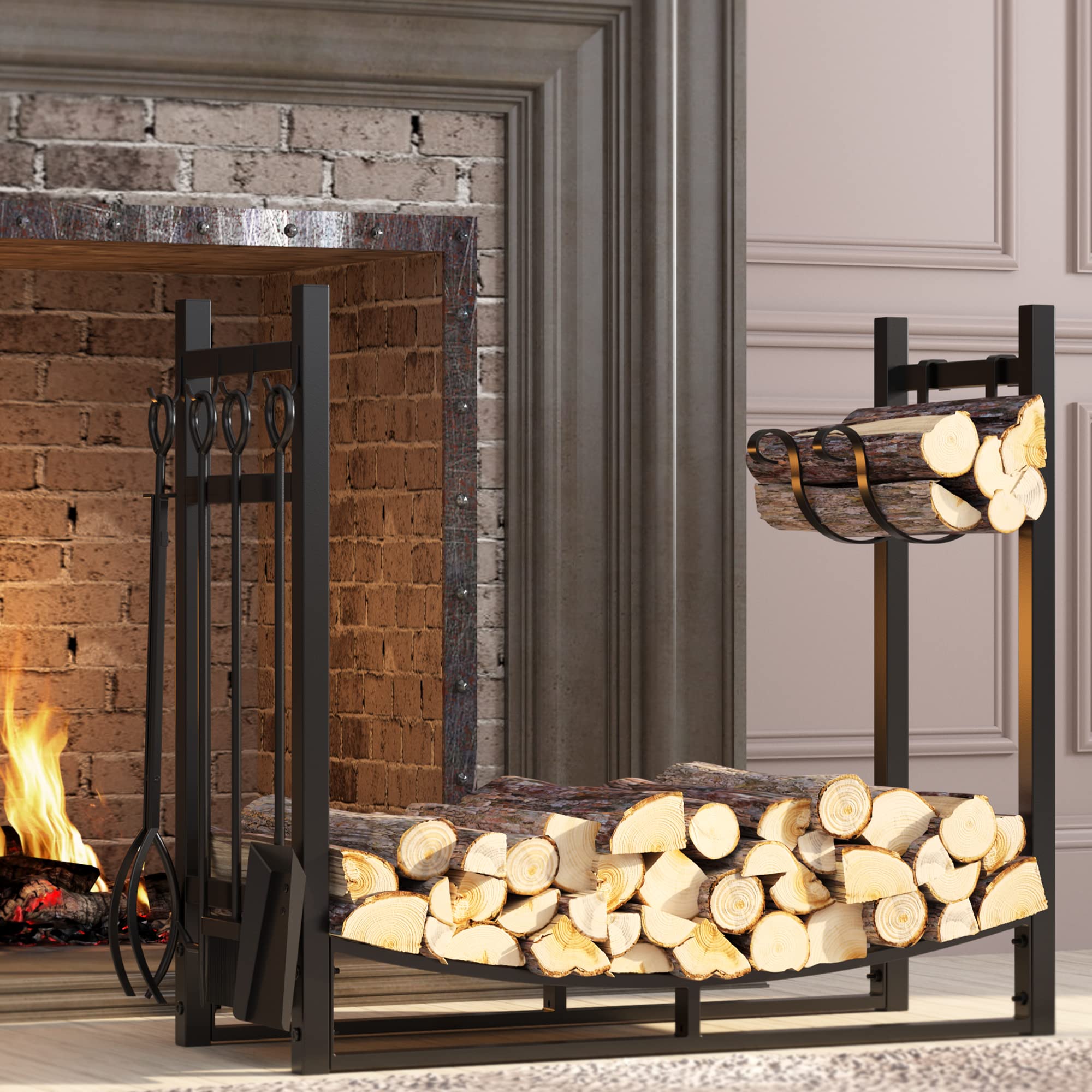 Fireplace Log Rack with Kindling Holder and 4 Tools