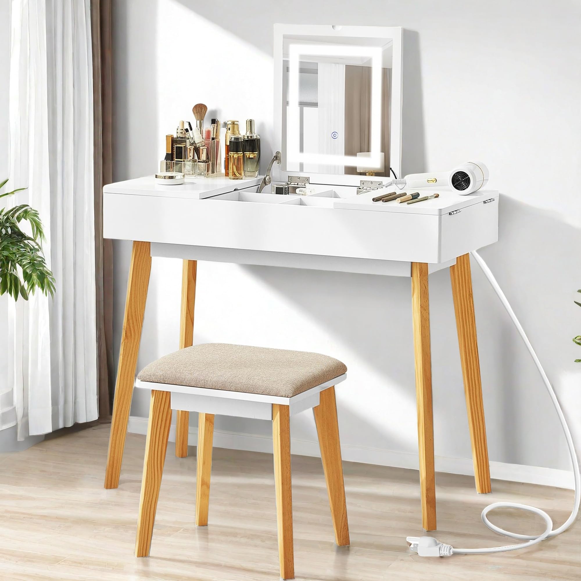 Flip Top Vanity Desk with LED Mirror and Power Outlet
