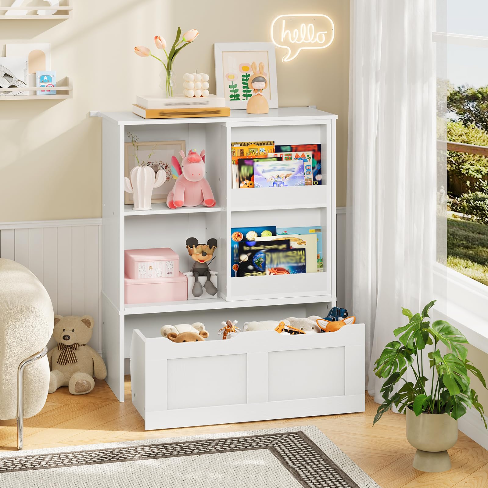 Toy Storage Organizer with Sliding Book Shelf and Movable Drawer