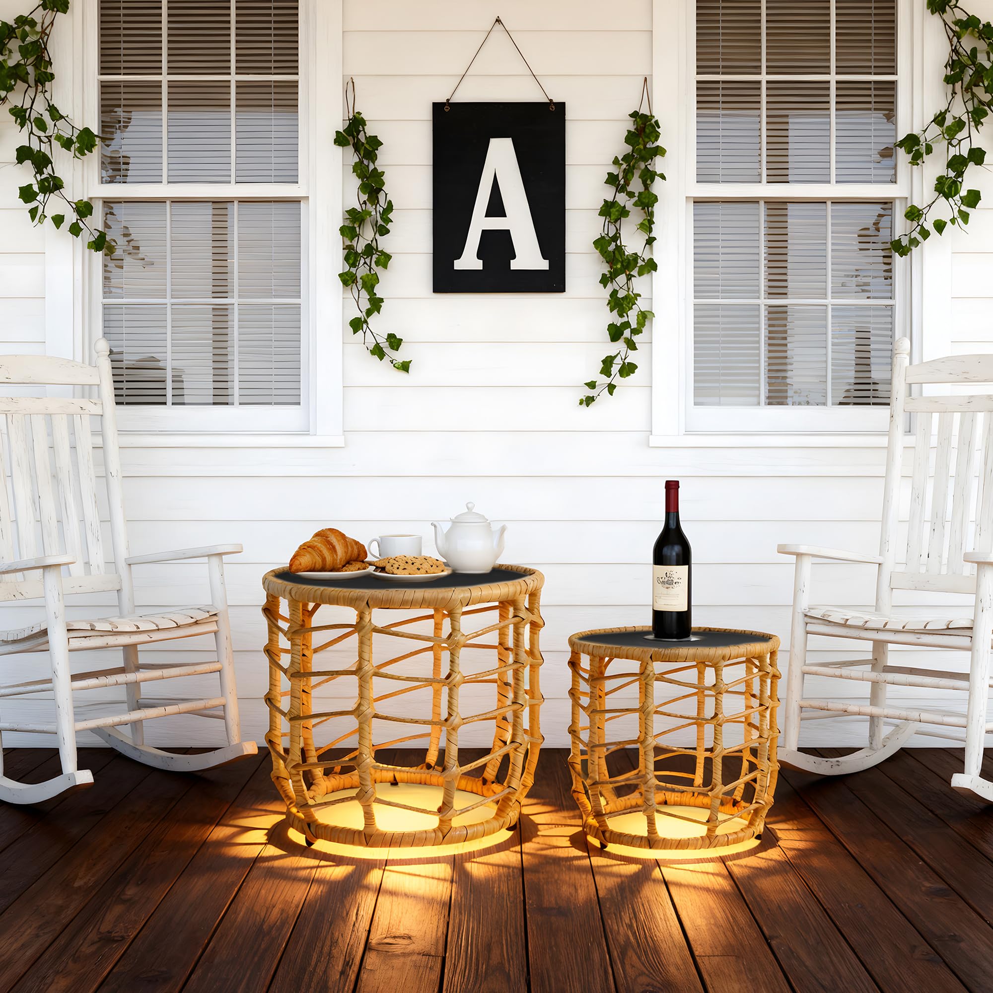 Boho Solar Outdoor Side Table Set of 2 with Built-in Lights