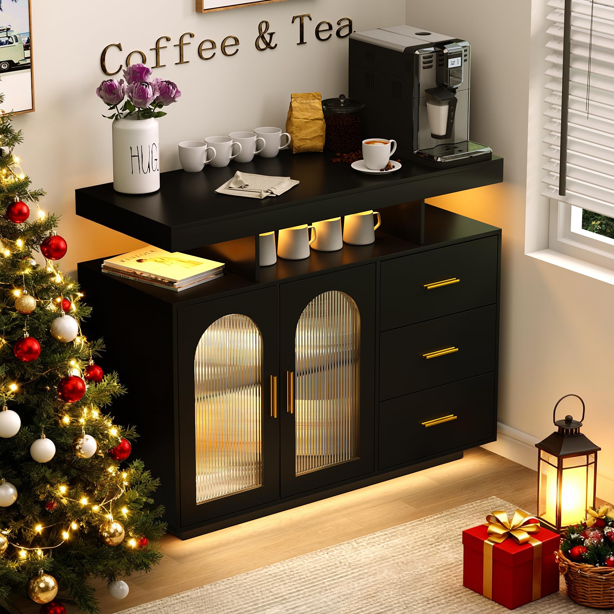 LED Coffee Bar Cabinet with Charging Station