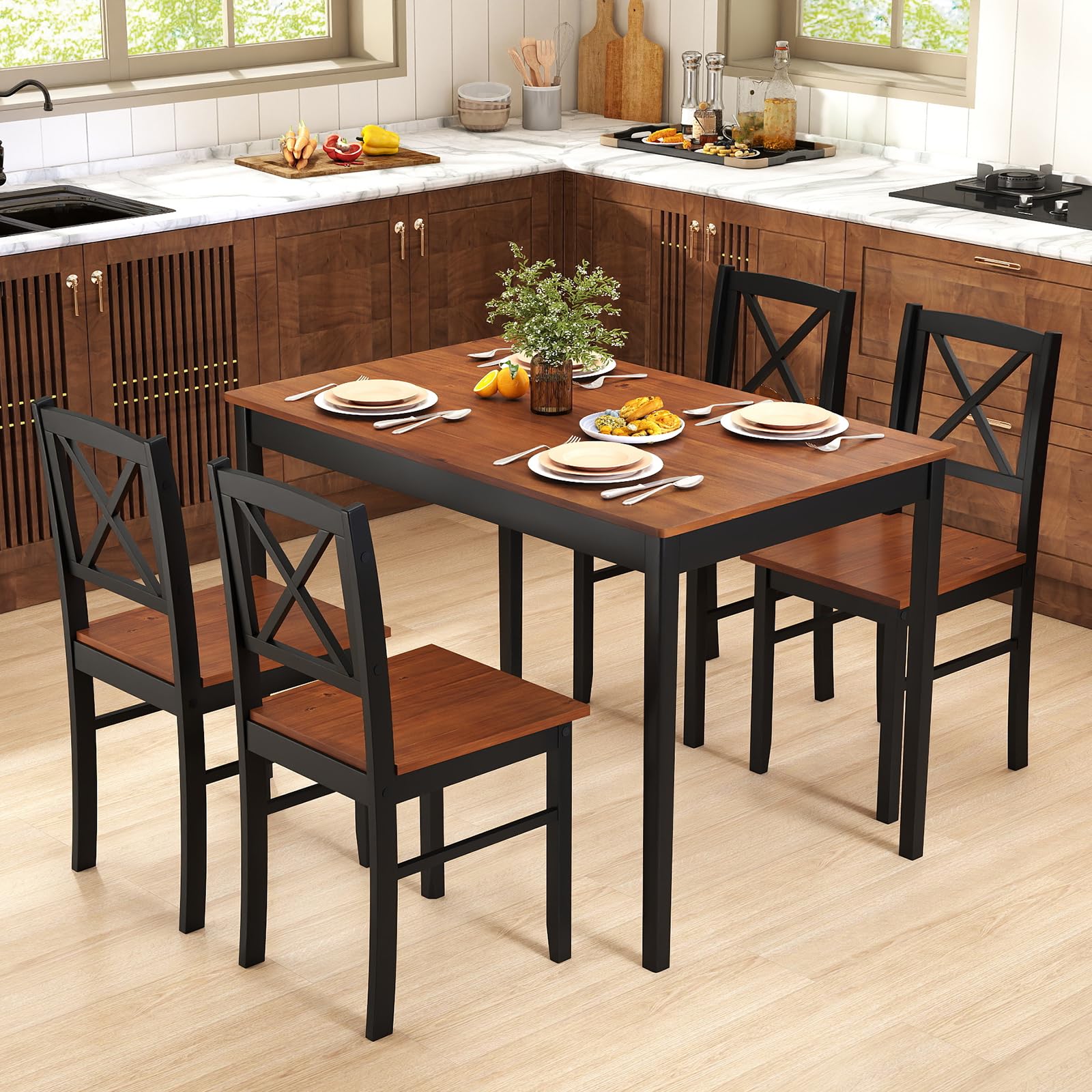 5-Piece Dining Table Set for 4 with Cross Backrest Chairs