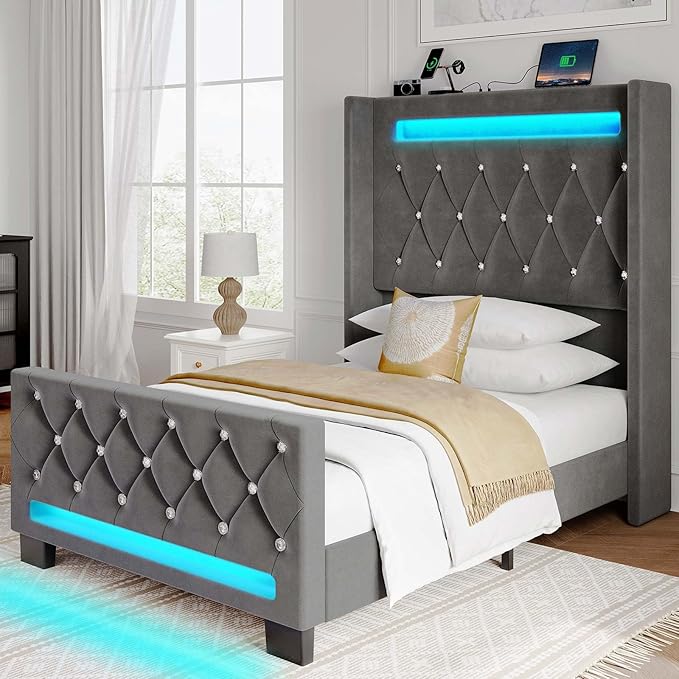 Queen Upholstered Bed Frame with LED Lighting