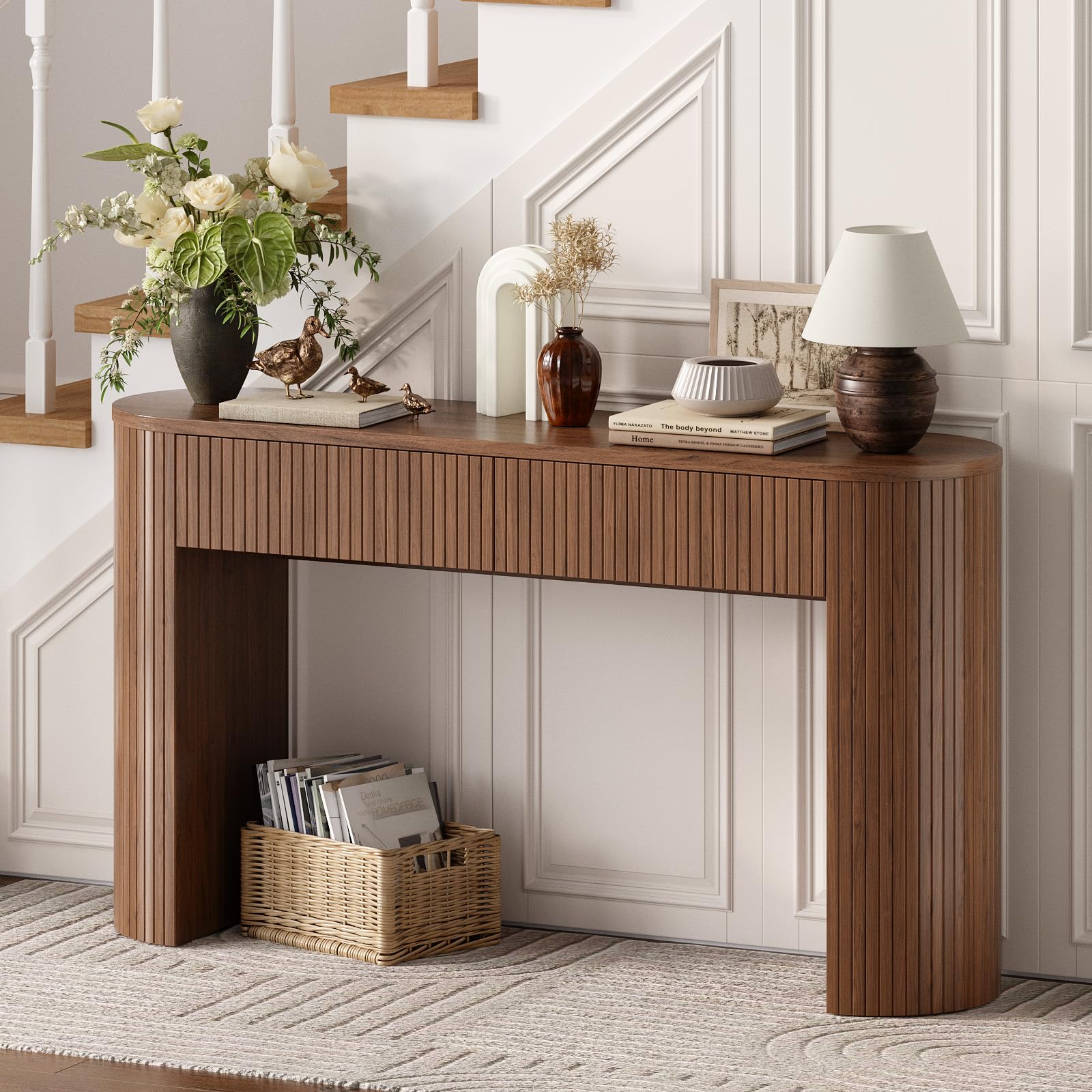 55 Inch Console Table with 2 Drawers and Fluted Design