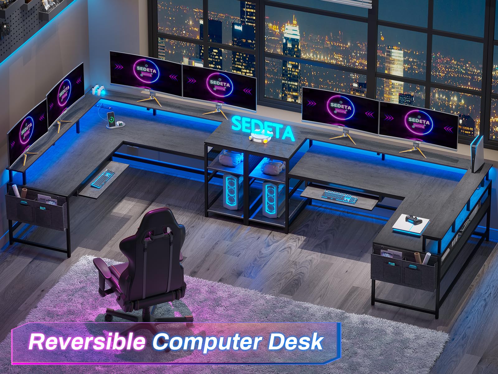 L-Shaped Gaming Desk with Power Outlets and LED Strip
