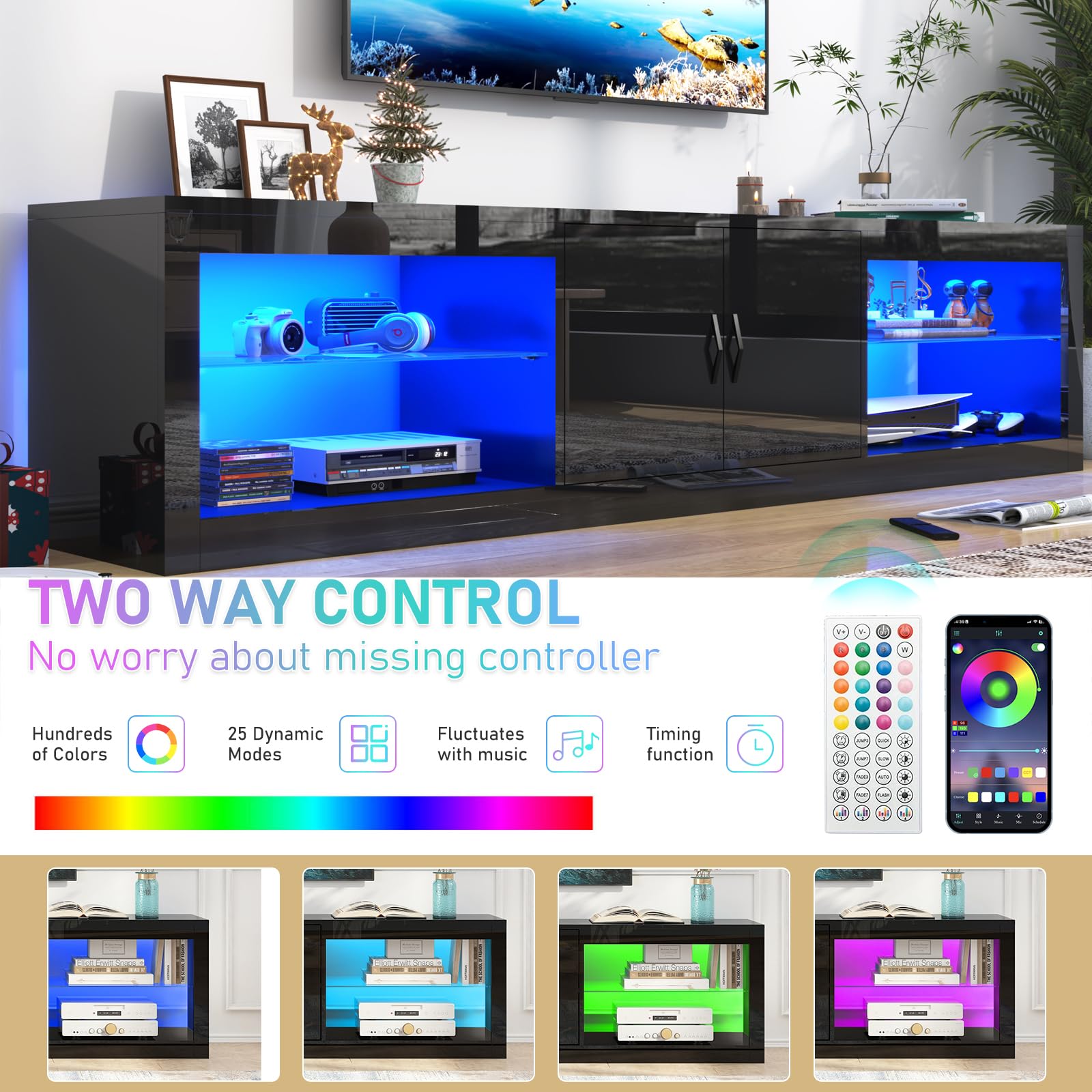 70 Inch LED TV Stand with RGB Lights and Power Outlets