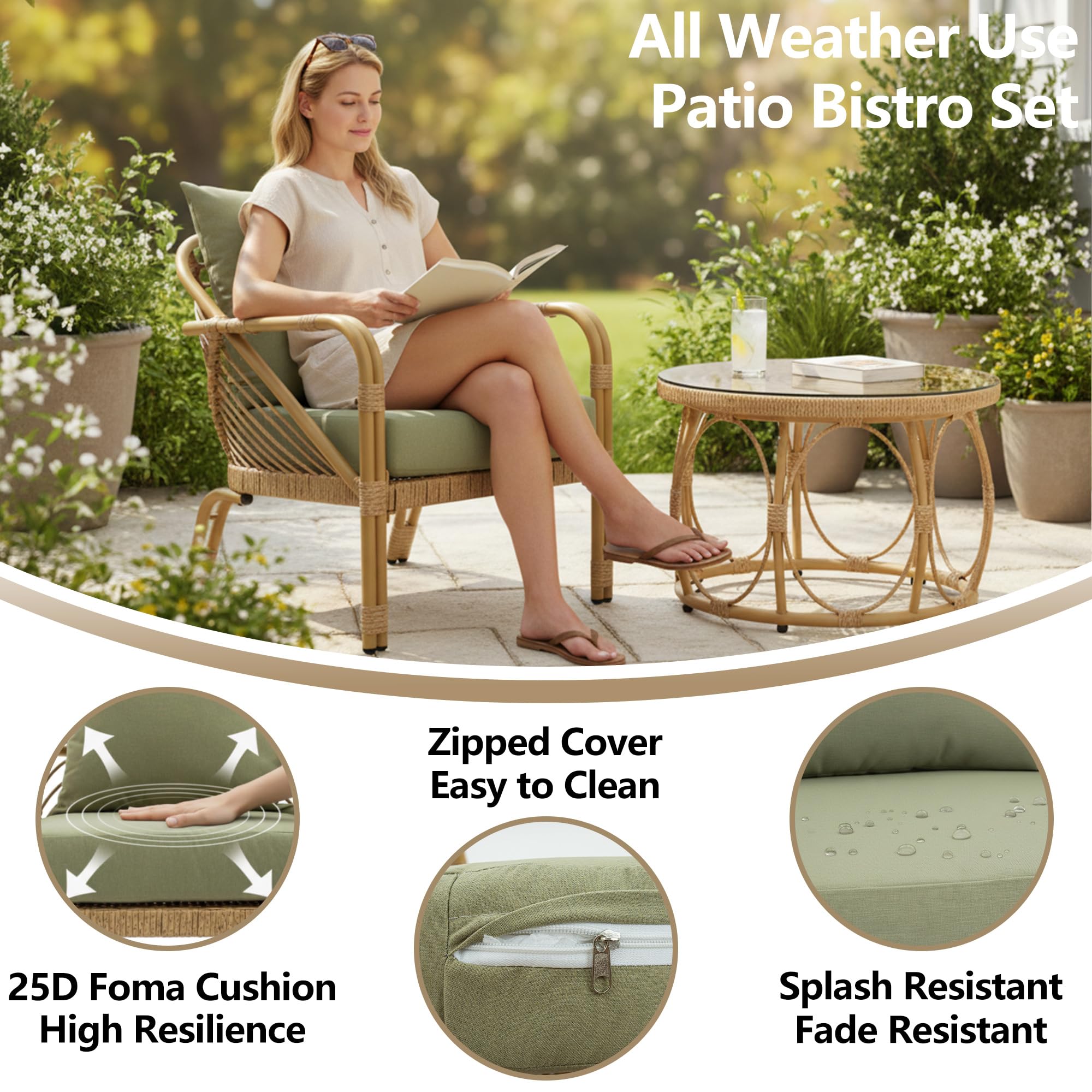 3-Piece Patio Bistro Set with Cushions and Coffee Table